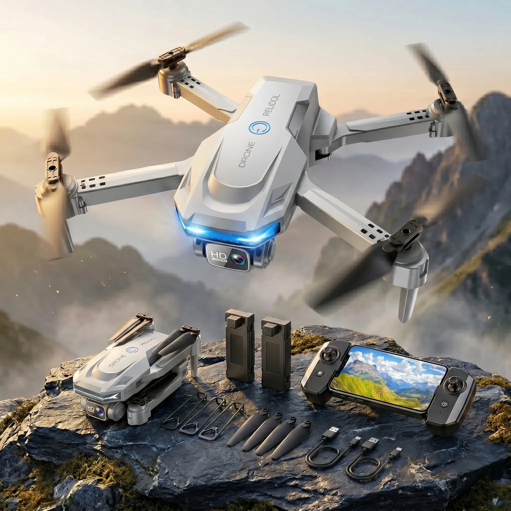 Grey RC Drone with accessories on a rocky surface with a mountainous background