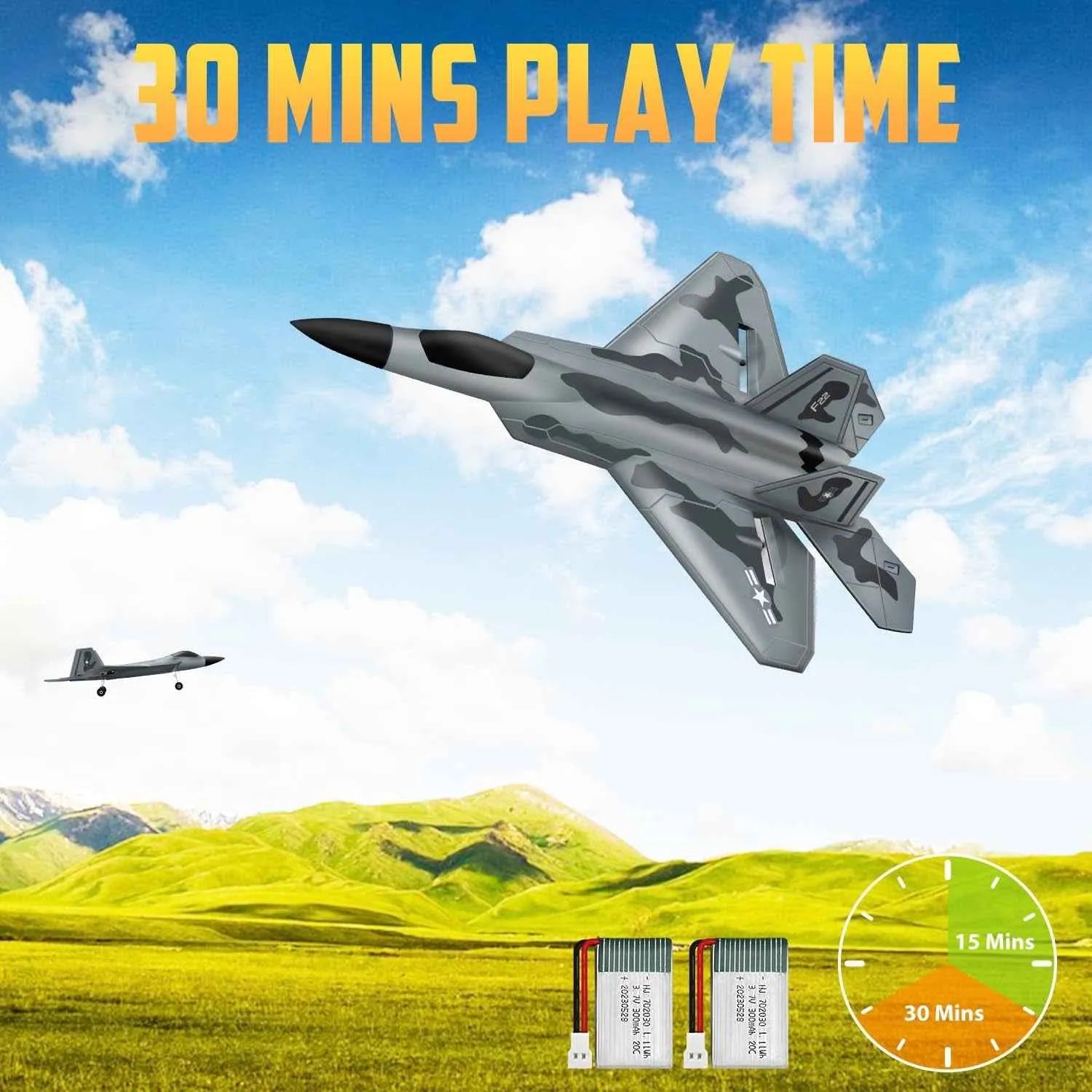 Grey RC plane 30 mins play time on a mountain area.