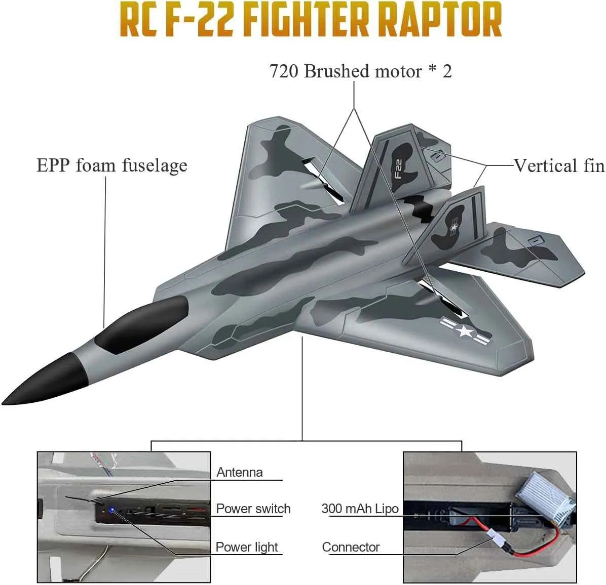 Grey RC plane with features on white background.
