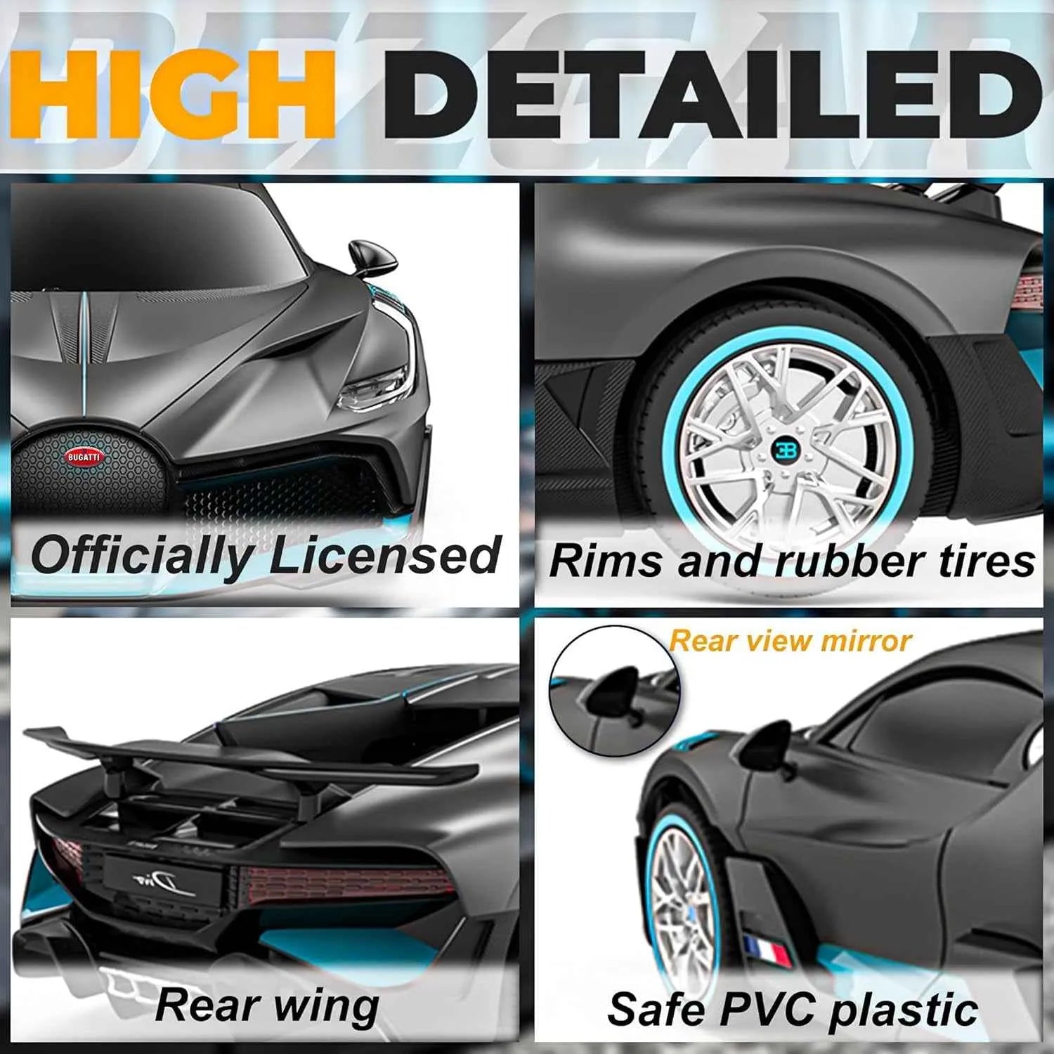 High-detailed sports car with various parts highlighted and text indicating features.