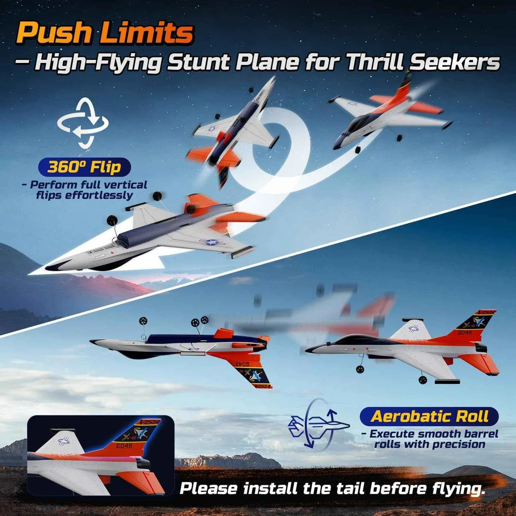 High-flying stunt RC plane with promotional text on a blue sky background