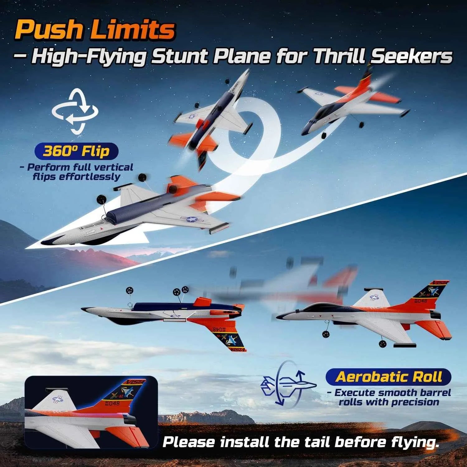 High-flying stunt RC plane with promotional text on a blue sky background