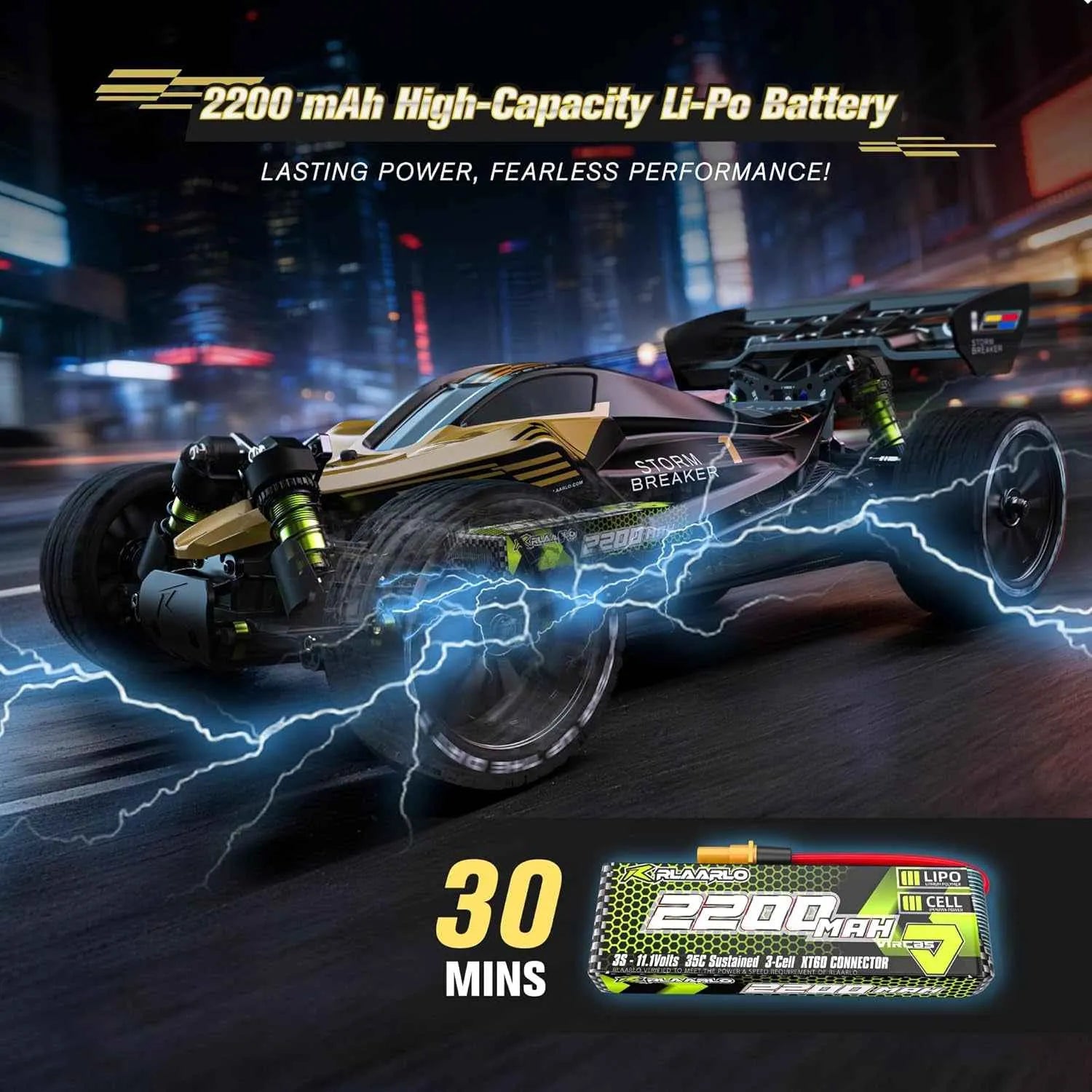 High-performance buggy with battery information on a blurred city street background