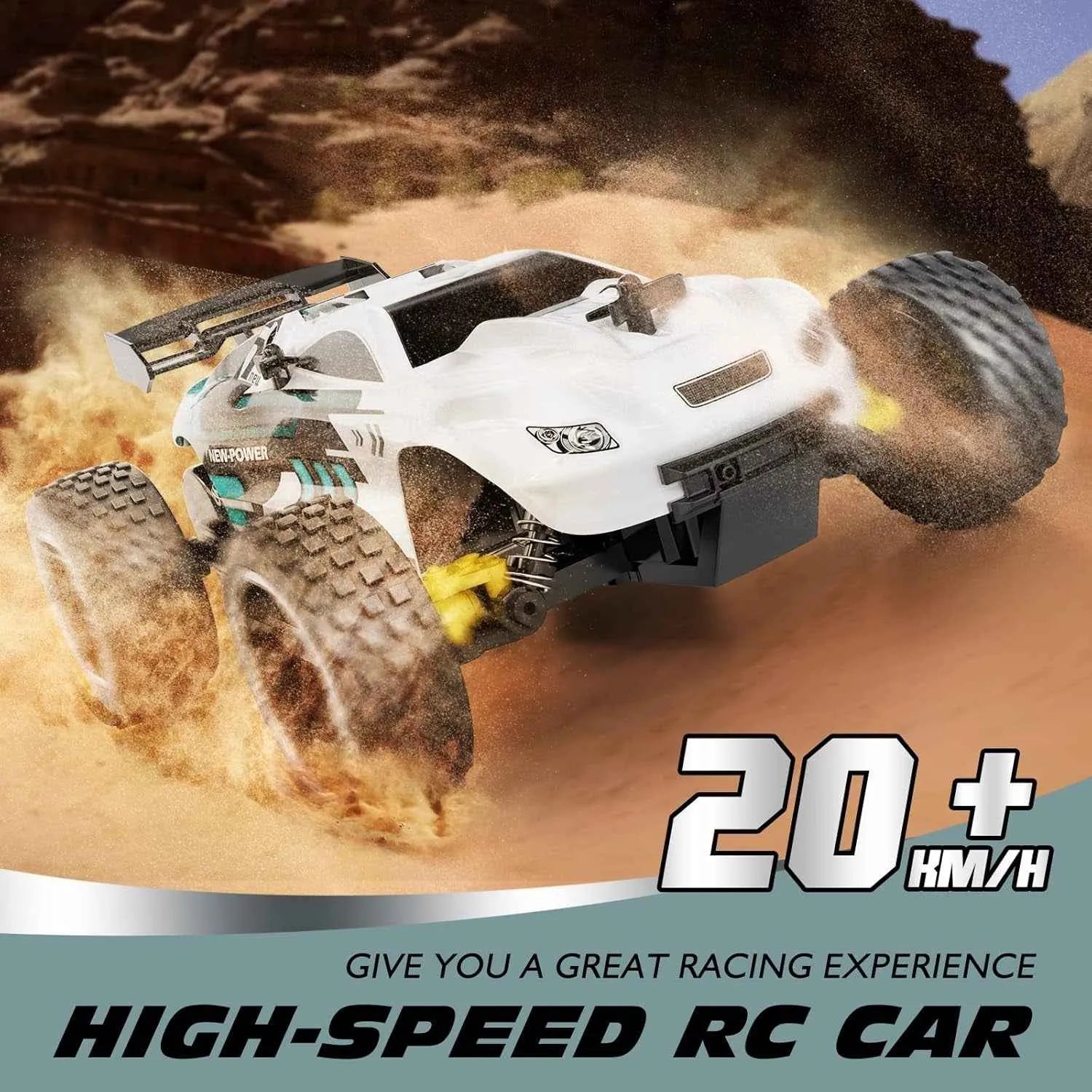 High-speed RC buggy in action on a desert landscape with text highlighting speed and experience.