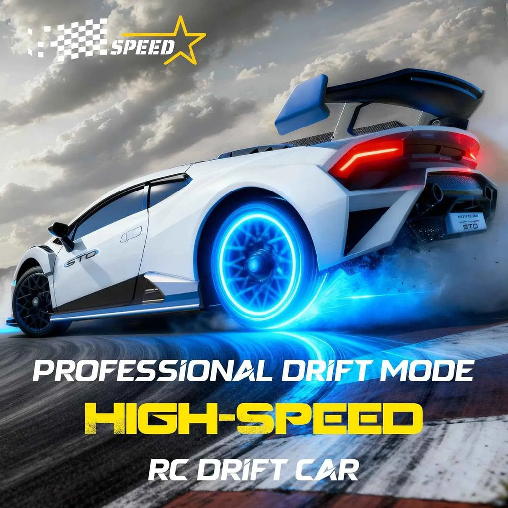 High-speed RC drift car with glowing wheels on a racetrack, featuring the brand 'Speed'.
