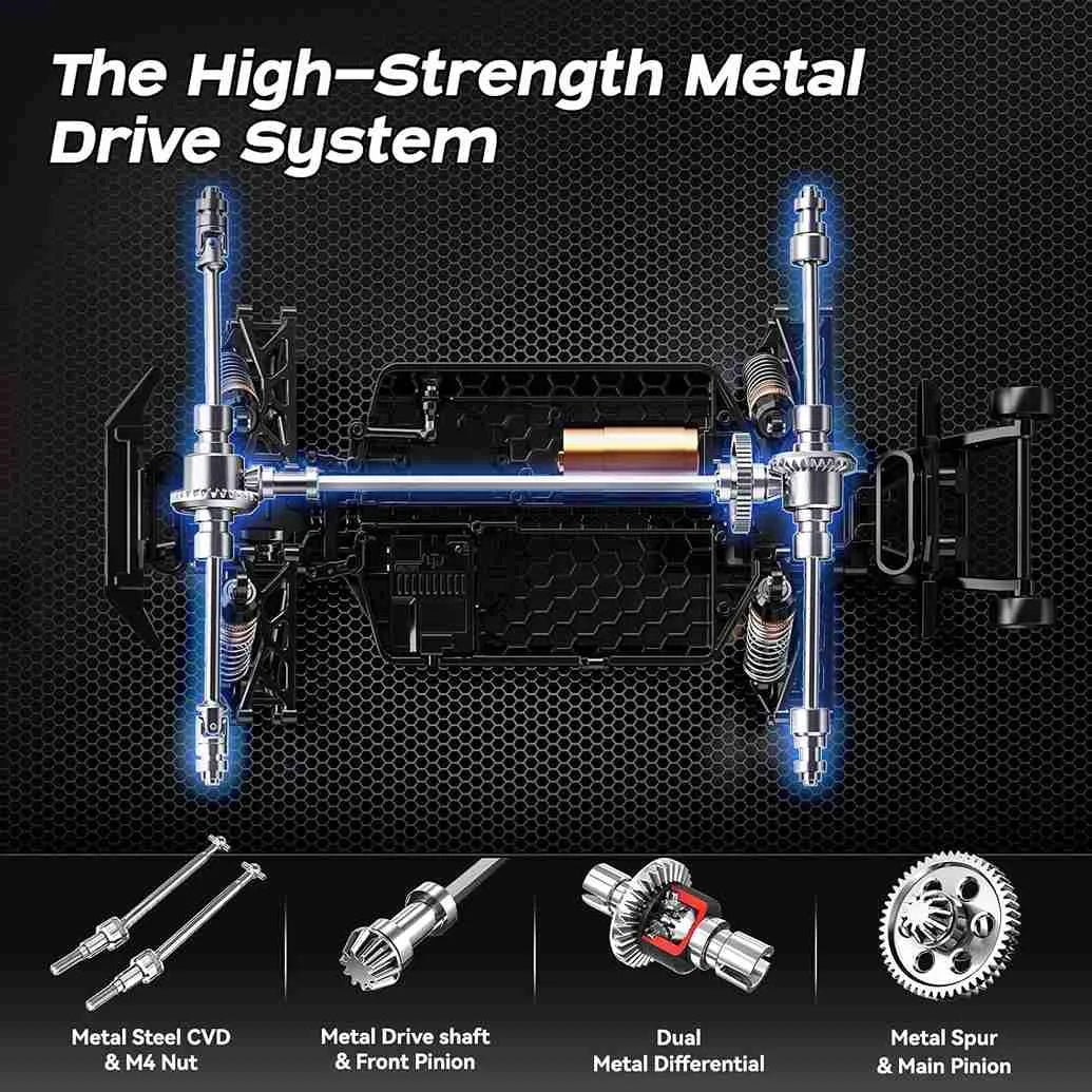 High-strength metal drive system with components on a dark background