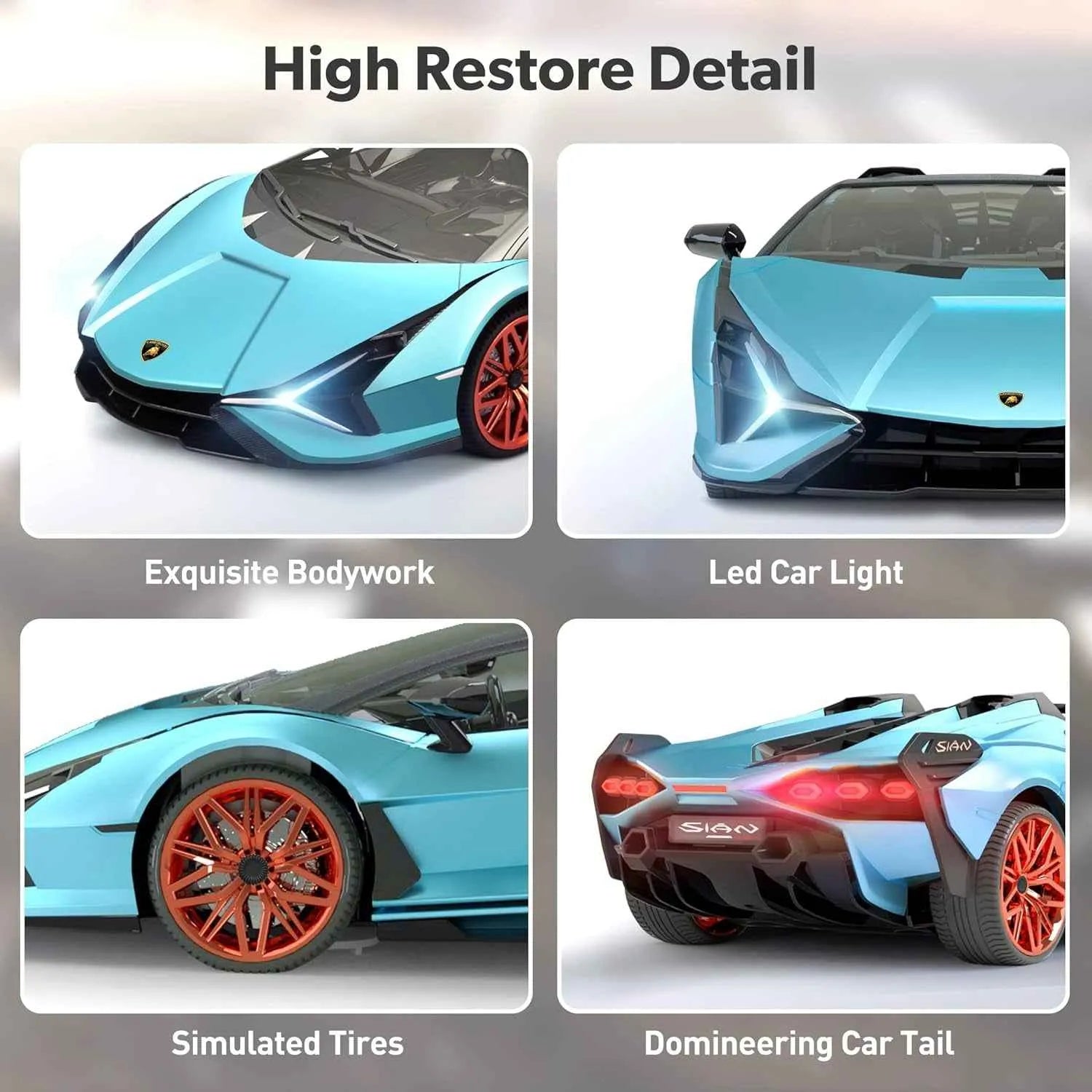 Highly detailed images of a blue sports car with various features highlighted.
