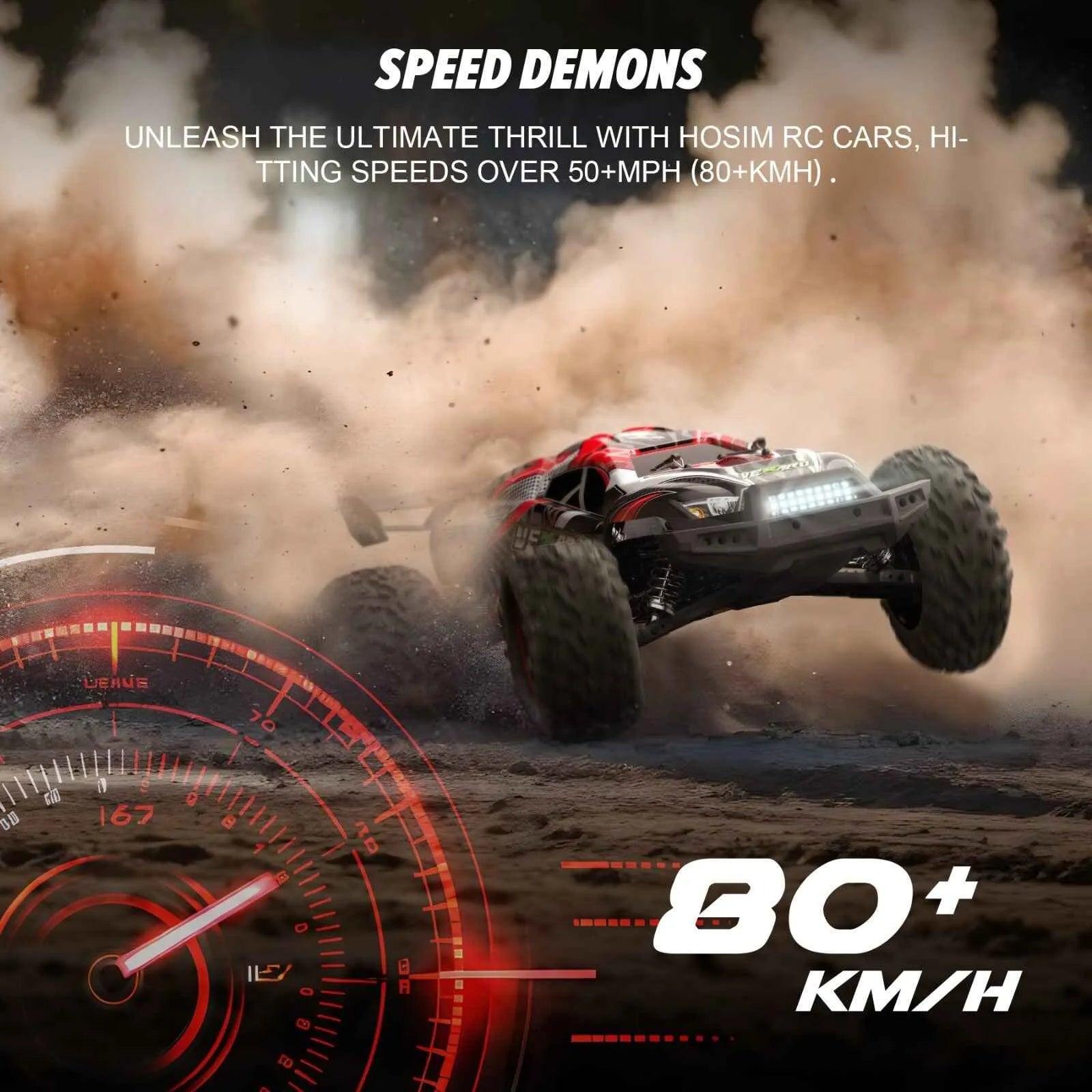 Hosim RC monster truck in mid-air with dust cloud and speedometer graphic, promoting high-speed RC cars.