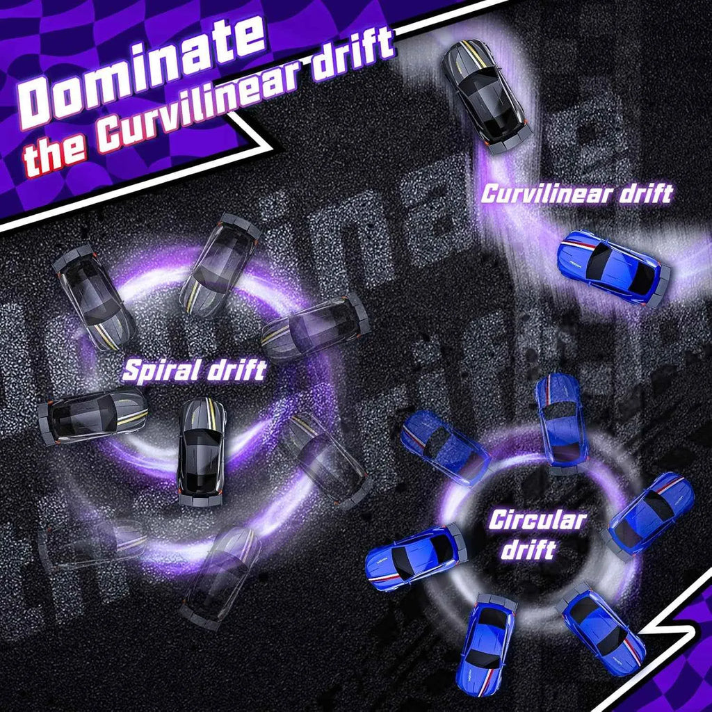 Illustration of drift cars performing different types of drifts with text labels on a dark background.