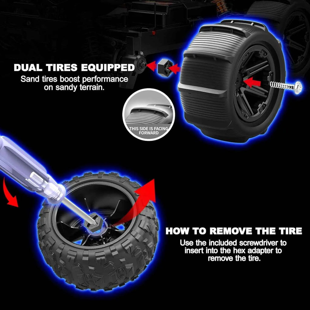 Illustration of dual tires with sand tires and instructions on how to remove them.