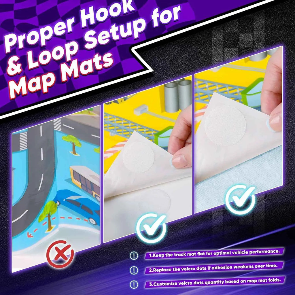 Instructions for proper hook and loop setup for map mats with visual examples and text.