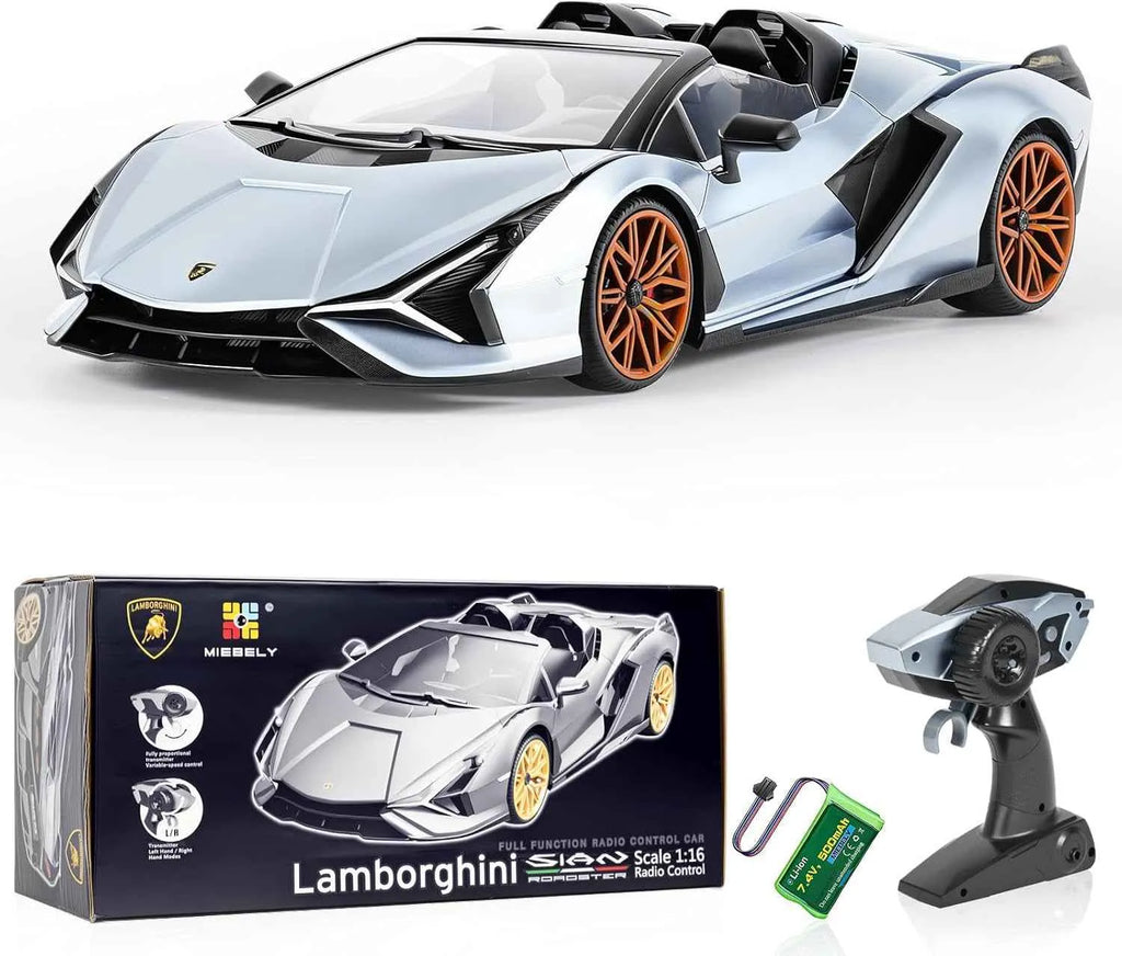 Lamborghini RC sports car with remote control and packaging on a white background