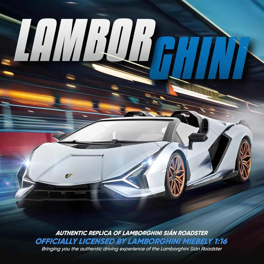 Lamborghini Sián Roadster model car on a blurred background with 'Lamborghini' branding.