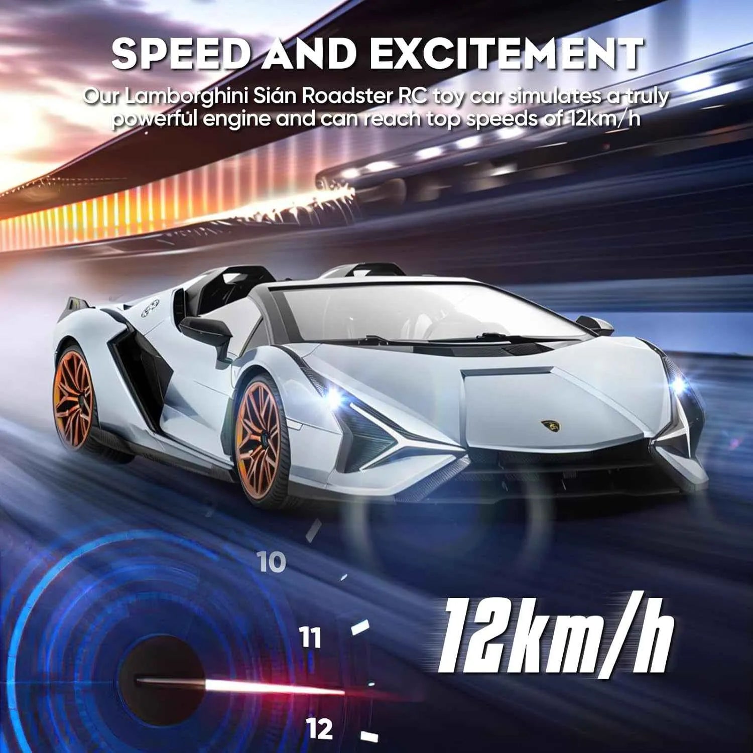 Lamborghini Sián Roadster RC toy car on a racing track with speed display.