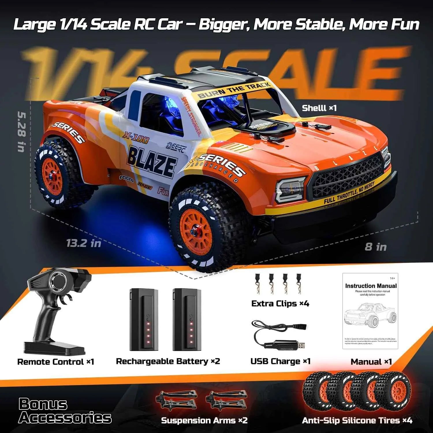 Large 1/14 scale RC short course truck with remote control, batteries, and accessories on a dark background.