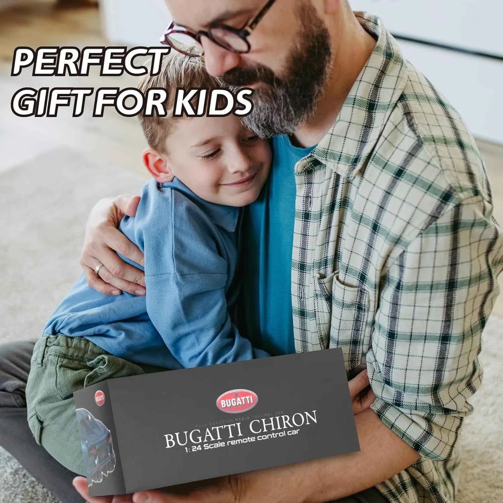 Man and child hugging with a Bugatti Chiron RC sports car box in front of them.