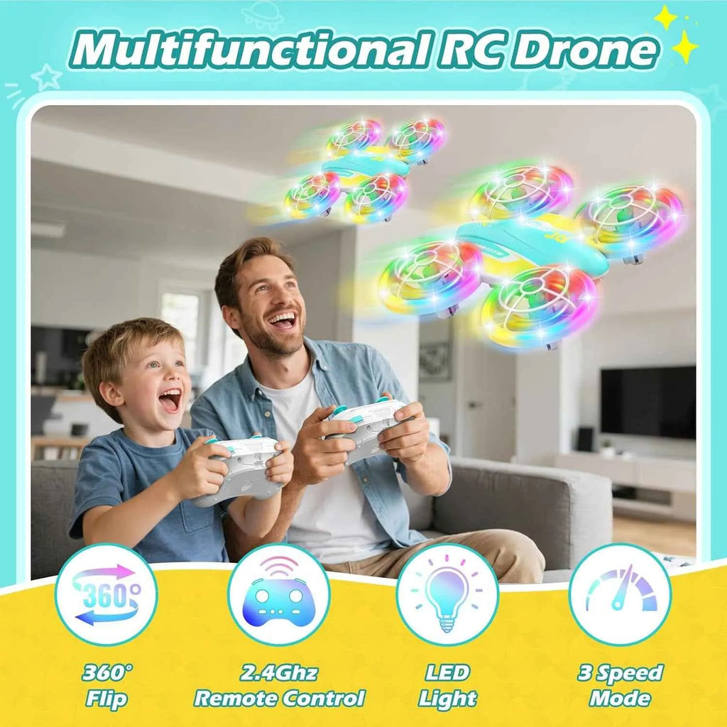 A man and a child playing with a multifunctional RC drone in a living room.