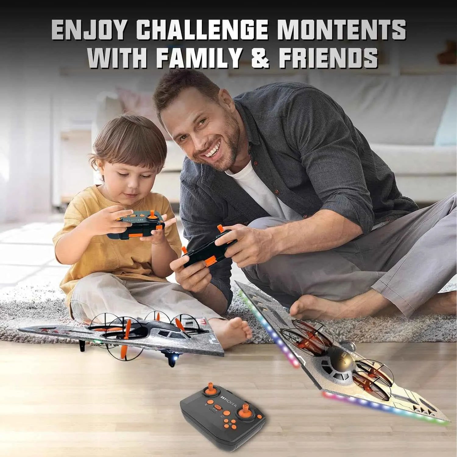 Man and child playing with remote-controlled plane on a wooden floor.