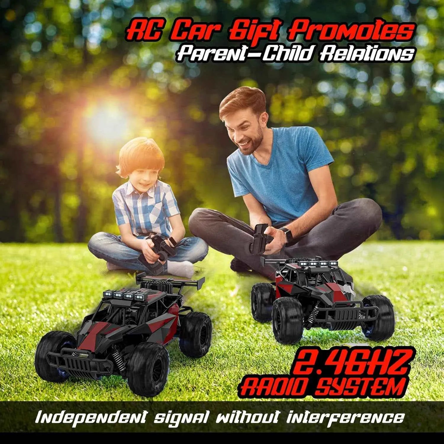 Man and child playing with remote control monster truck in a park, with text about AC car gift promoting parent-child relations.