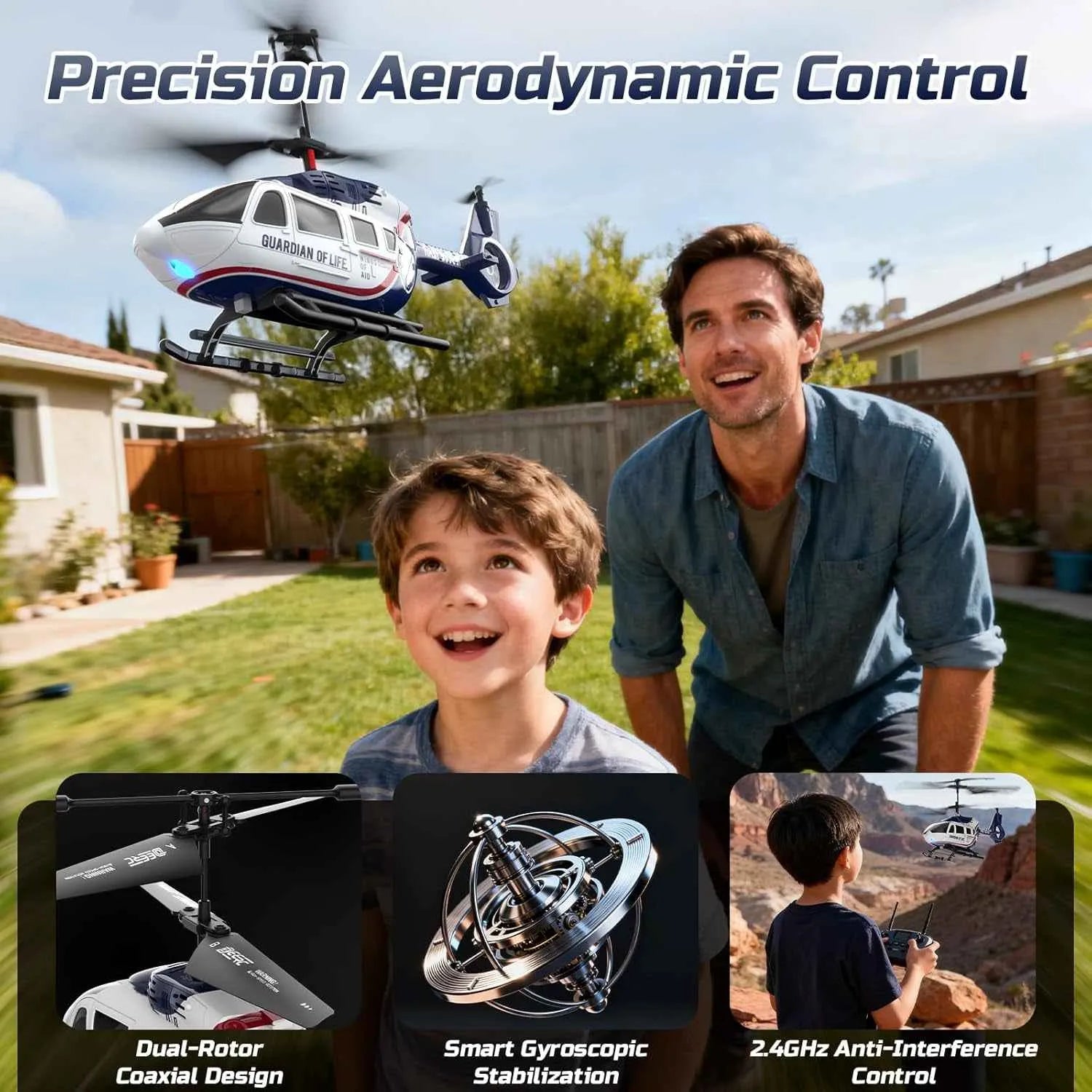 Man and child watching a RC helicopter in a backyard with product features displayed.