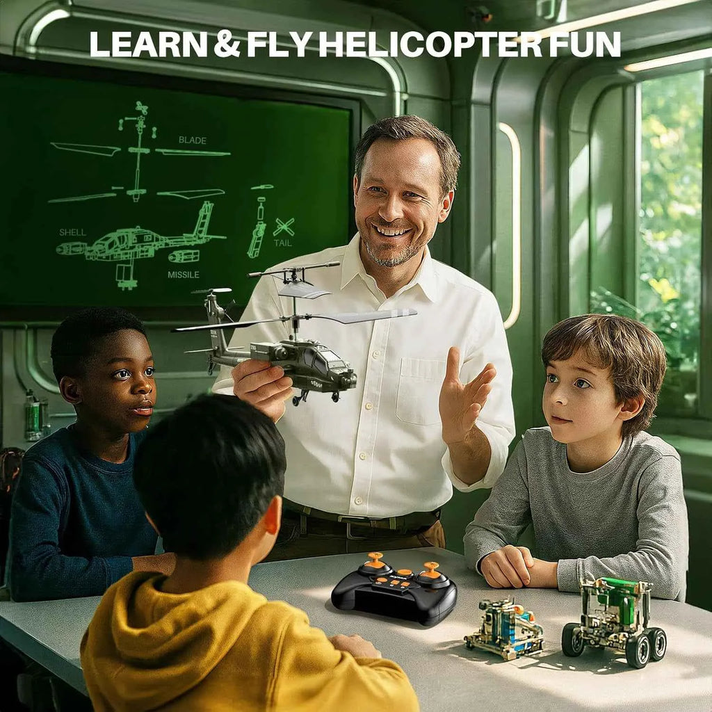 Man with children in a room with a RC helicopter model and educational display.