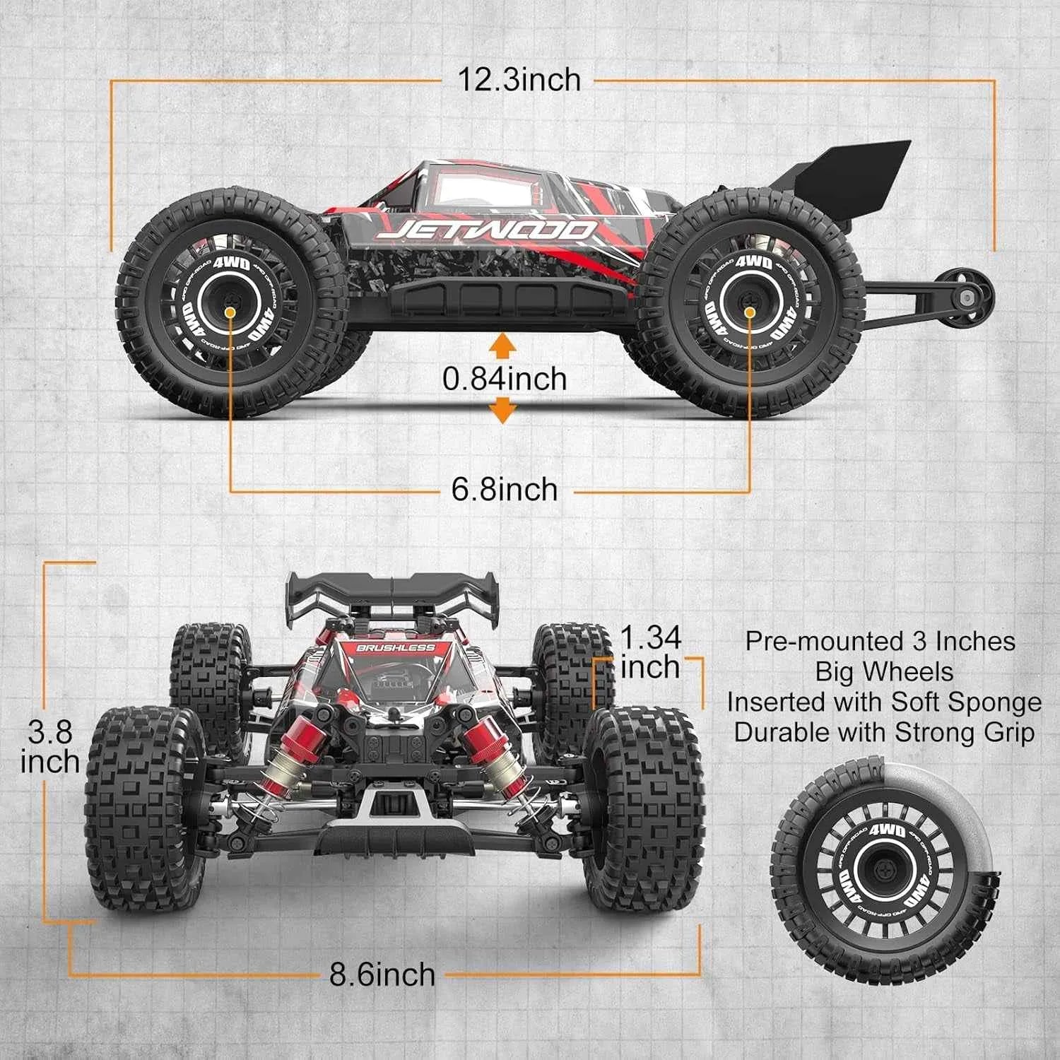 Measurement chart of a remote control monster truck with dimensions labeled on a gray background