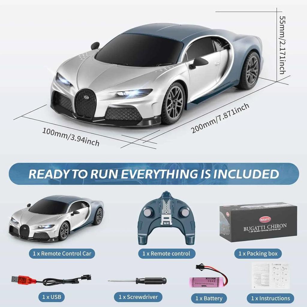 Measurement chart of a remote control sports car with included accessories on a white background