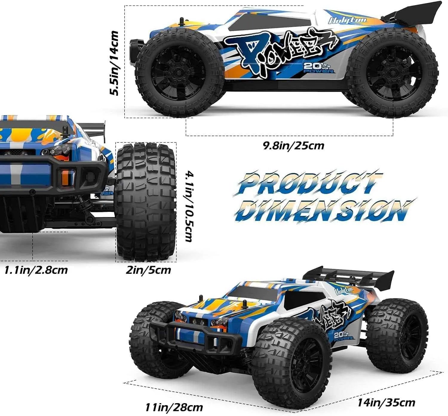 Measurement chart of a remote control truck with dimensions displayed.