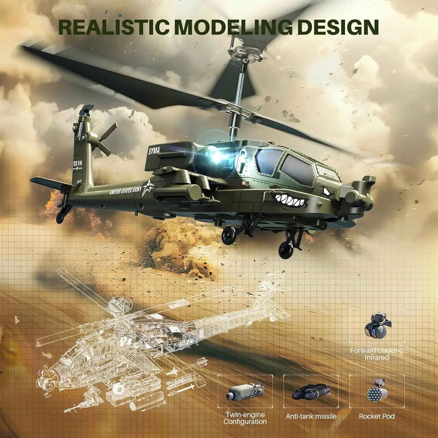 Military RC helicopter with explosions and technical diagram on a brown background