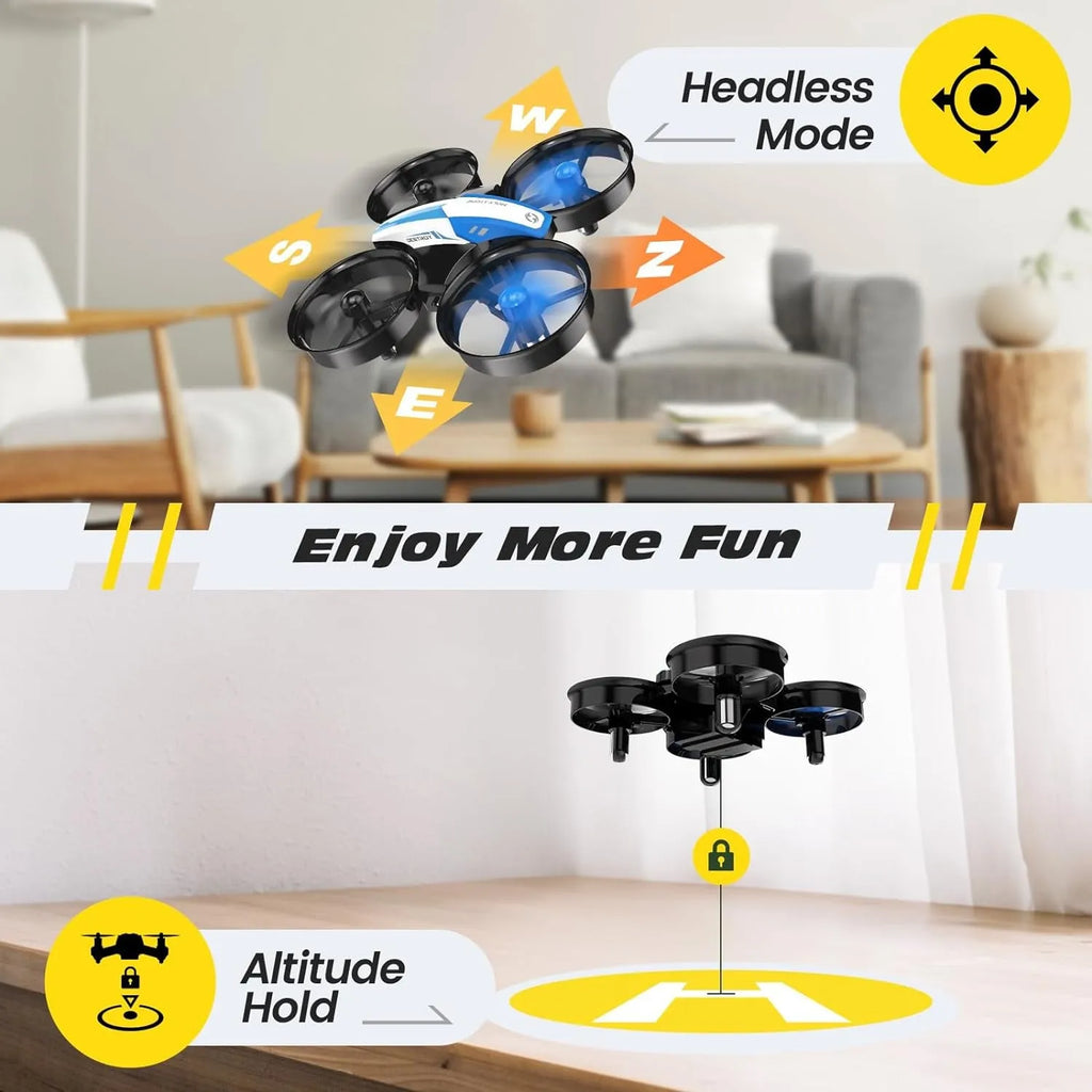 Mini RC drone with features like headless mode and altitude hold displayed against a living room background.