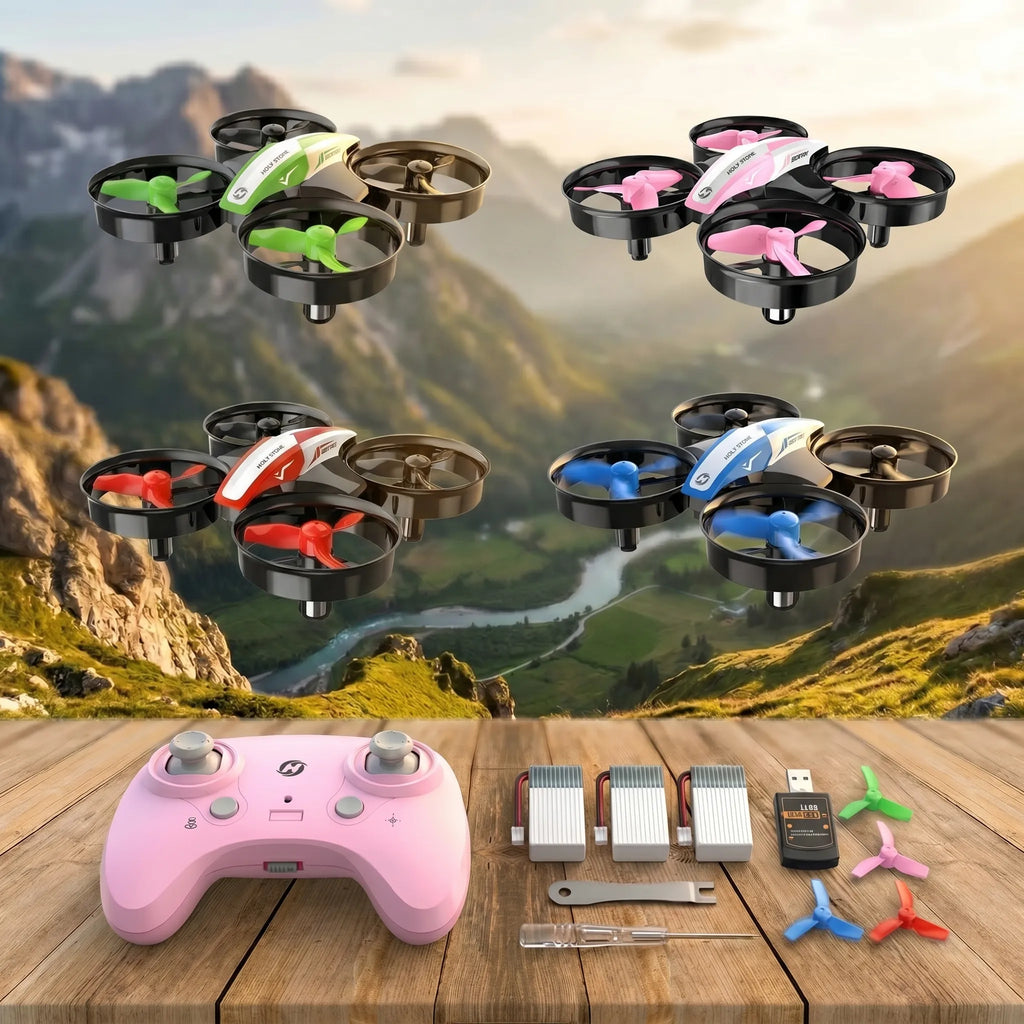Mini RC drones with colorful propellers and a pink remote control on a wooden surface with a mountainous background.