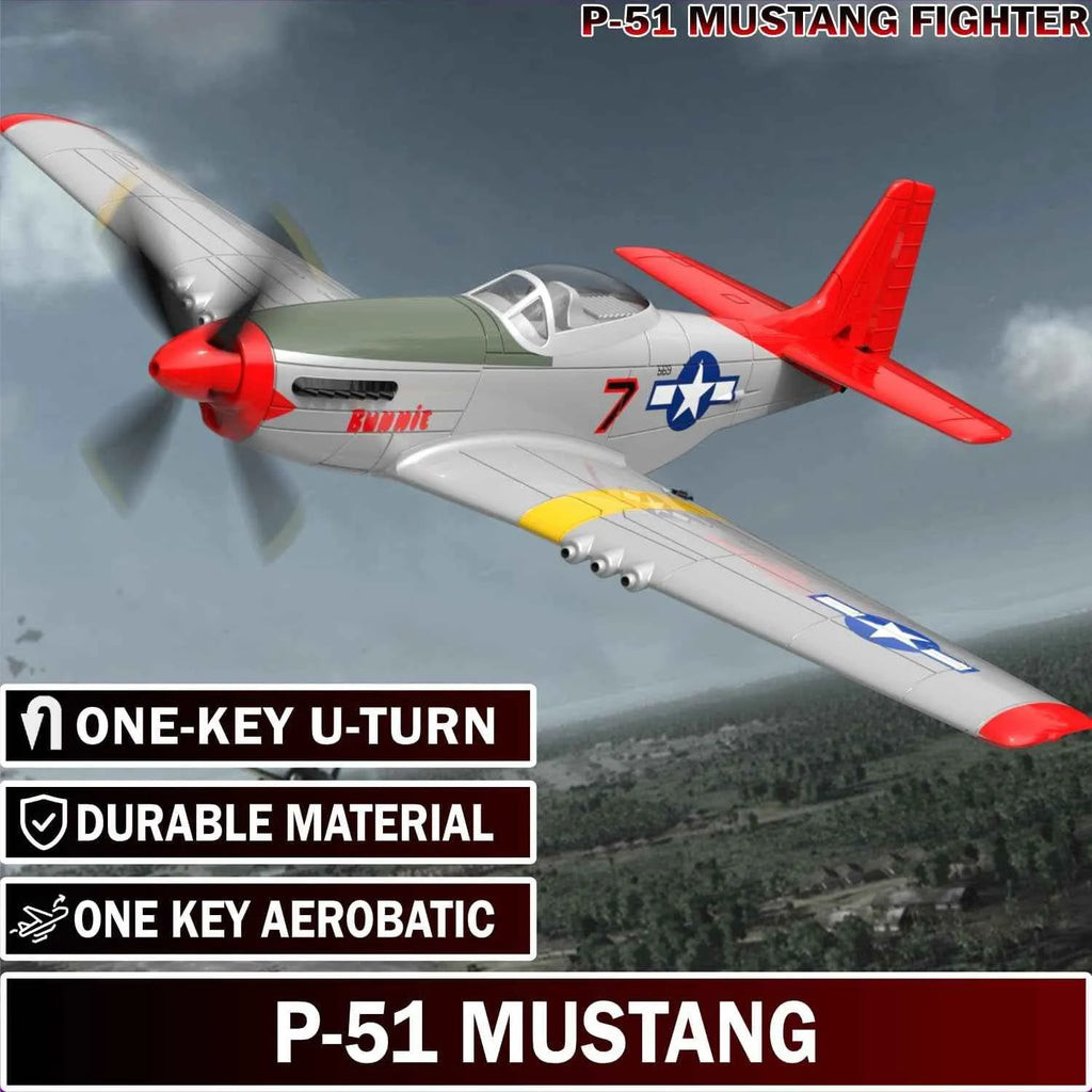Model P-51 Mustang fighter RC airplane with text highlighting features and model name.