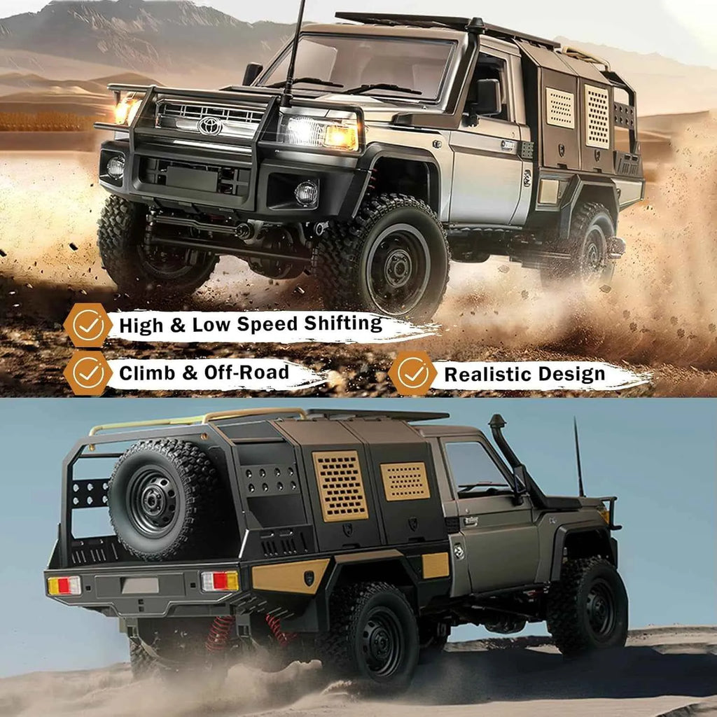 Model RC crawler with desert and road backgrounds, highlighting features like high and low speed shifting.