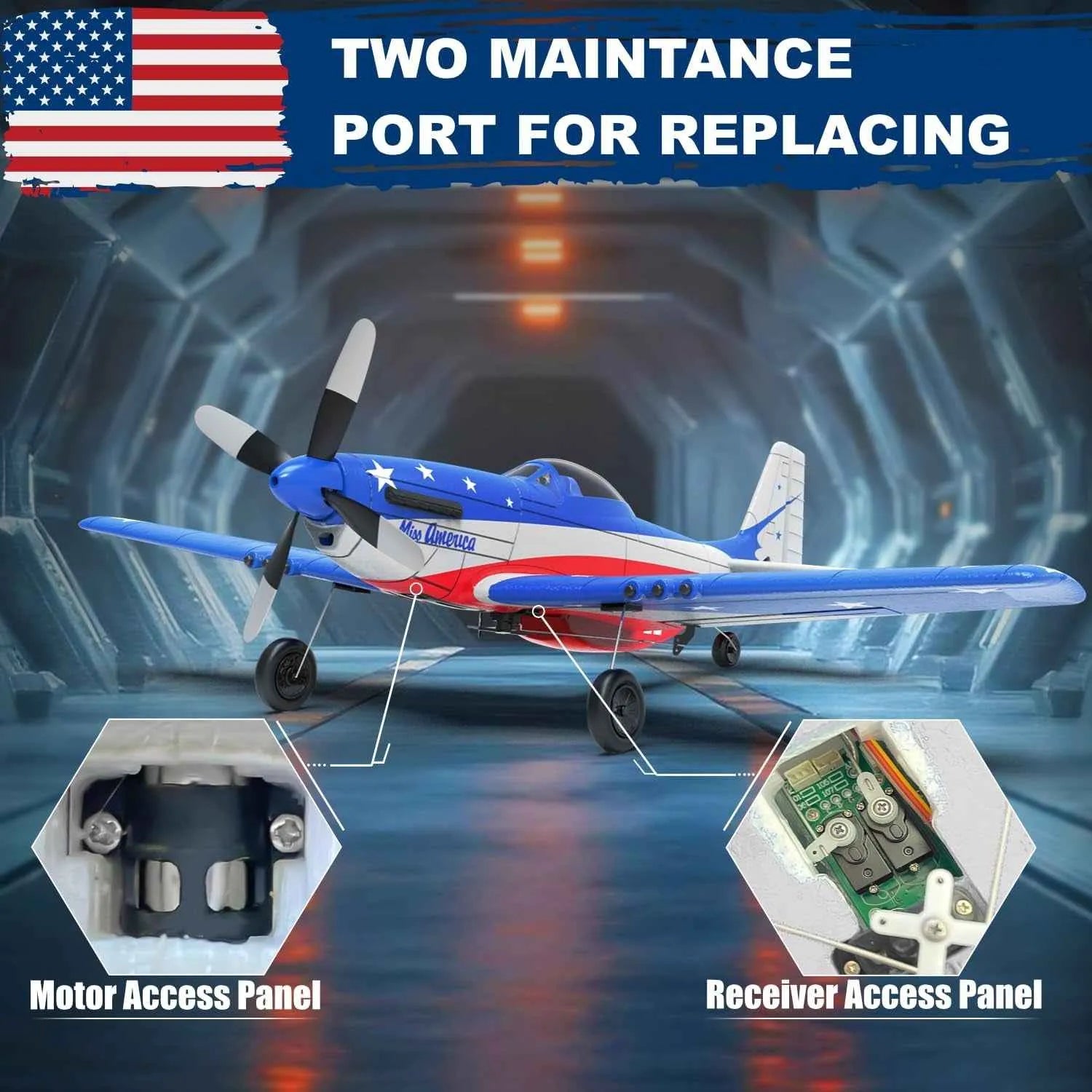 Model blue RC airplane with maintenance ports highlighted against a futuristic tunnel background