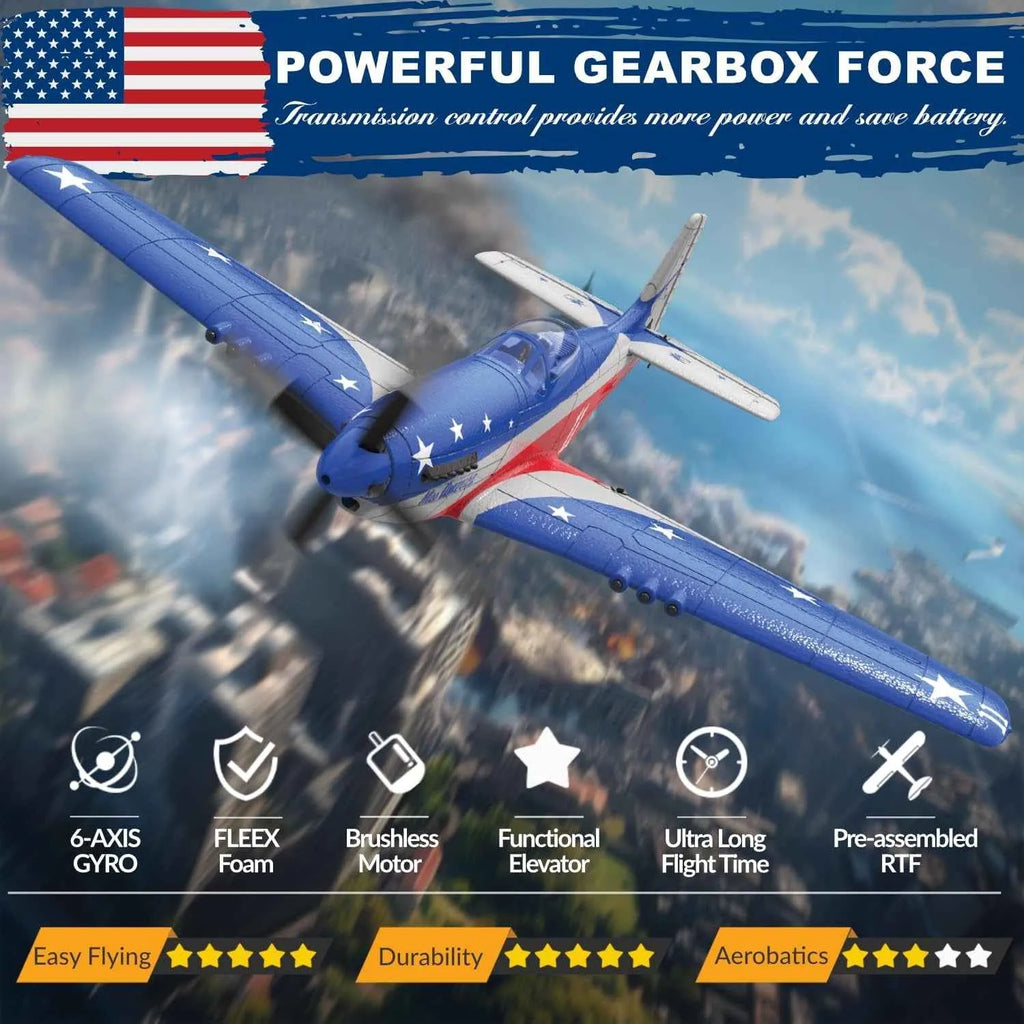 Model RC airplane with promotional text about 'Powerful Gearbox Force' and features.