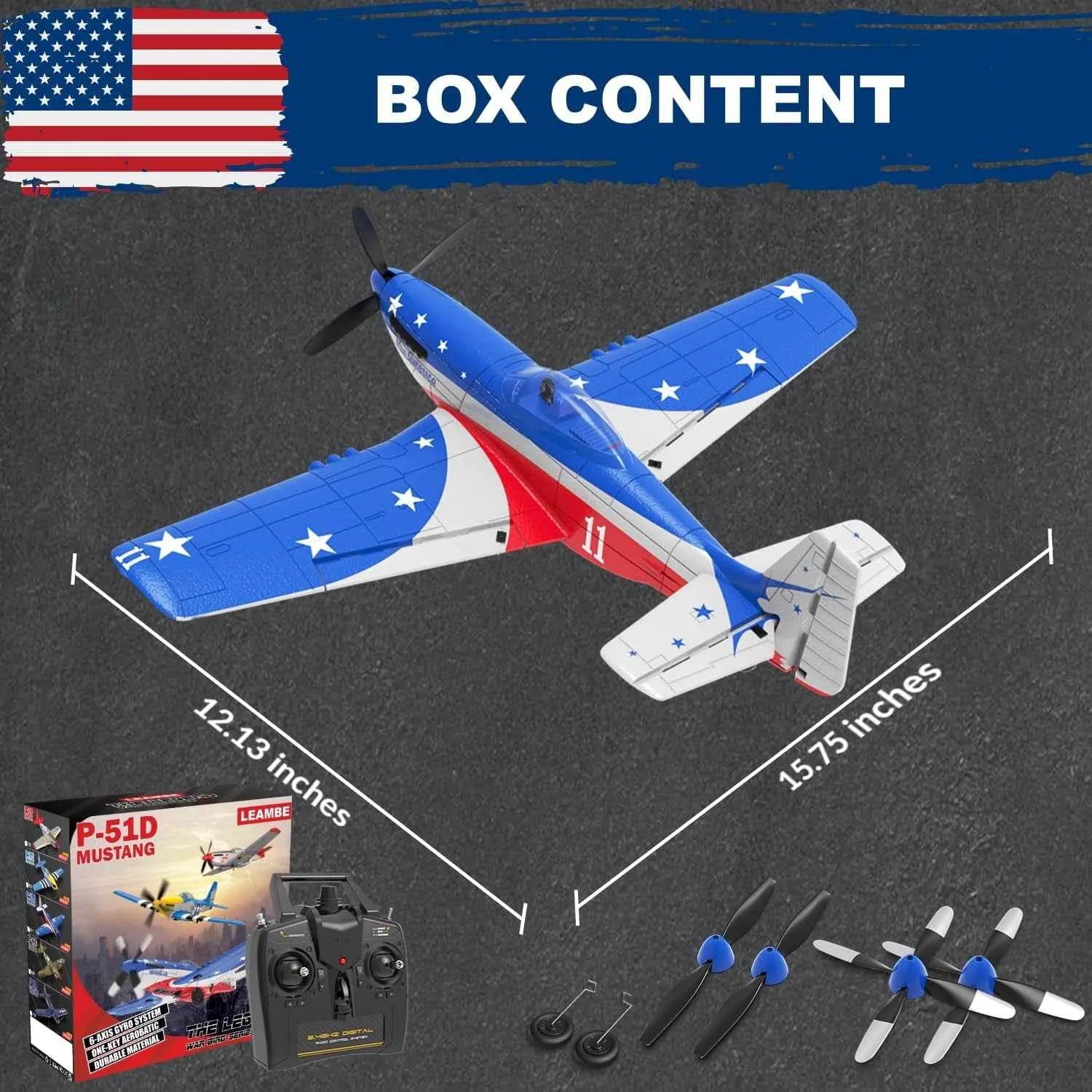 Model blue RC airplane with propellers and packaging on a dark background