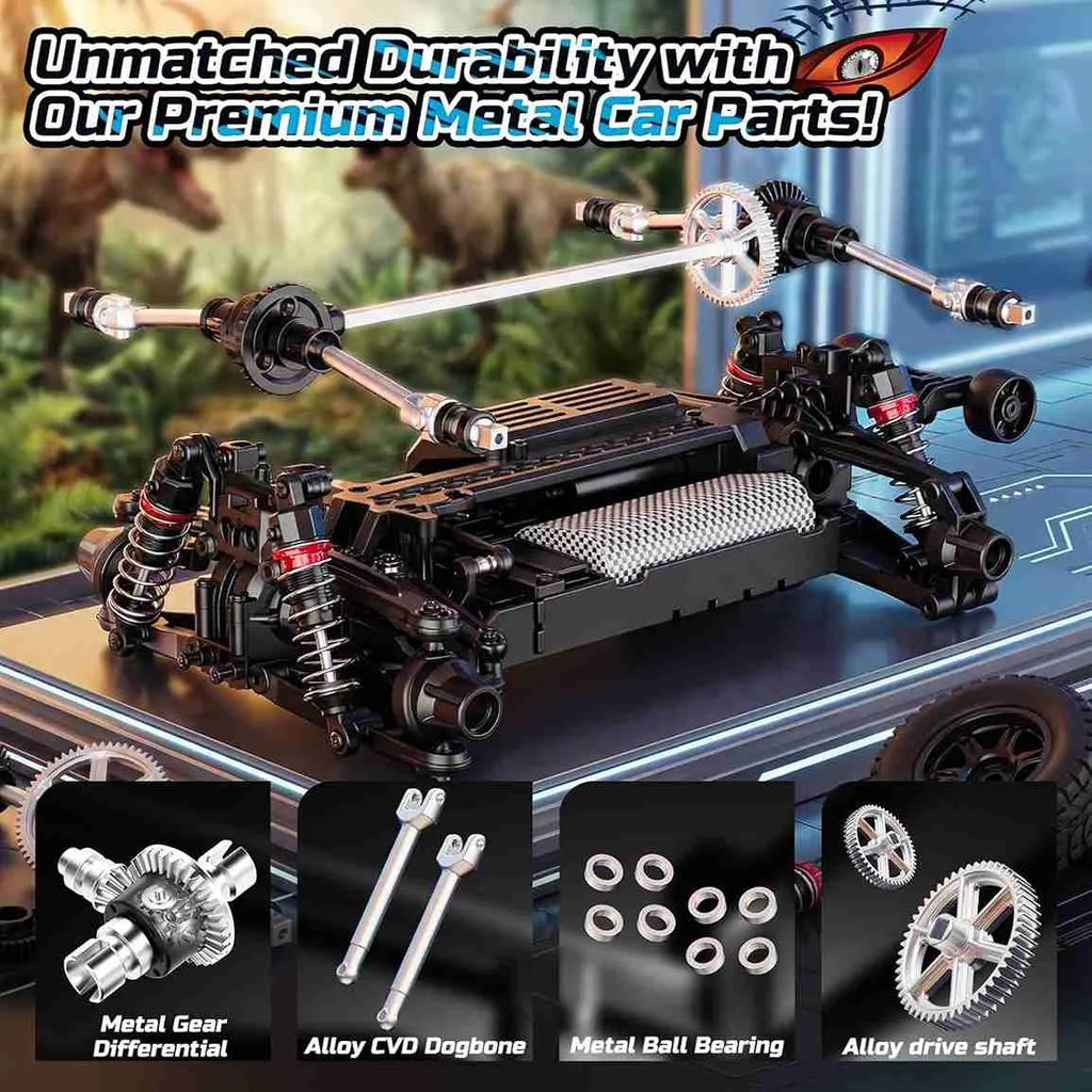 Model car chassis with premium metal parts on a blurred background