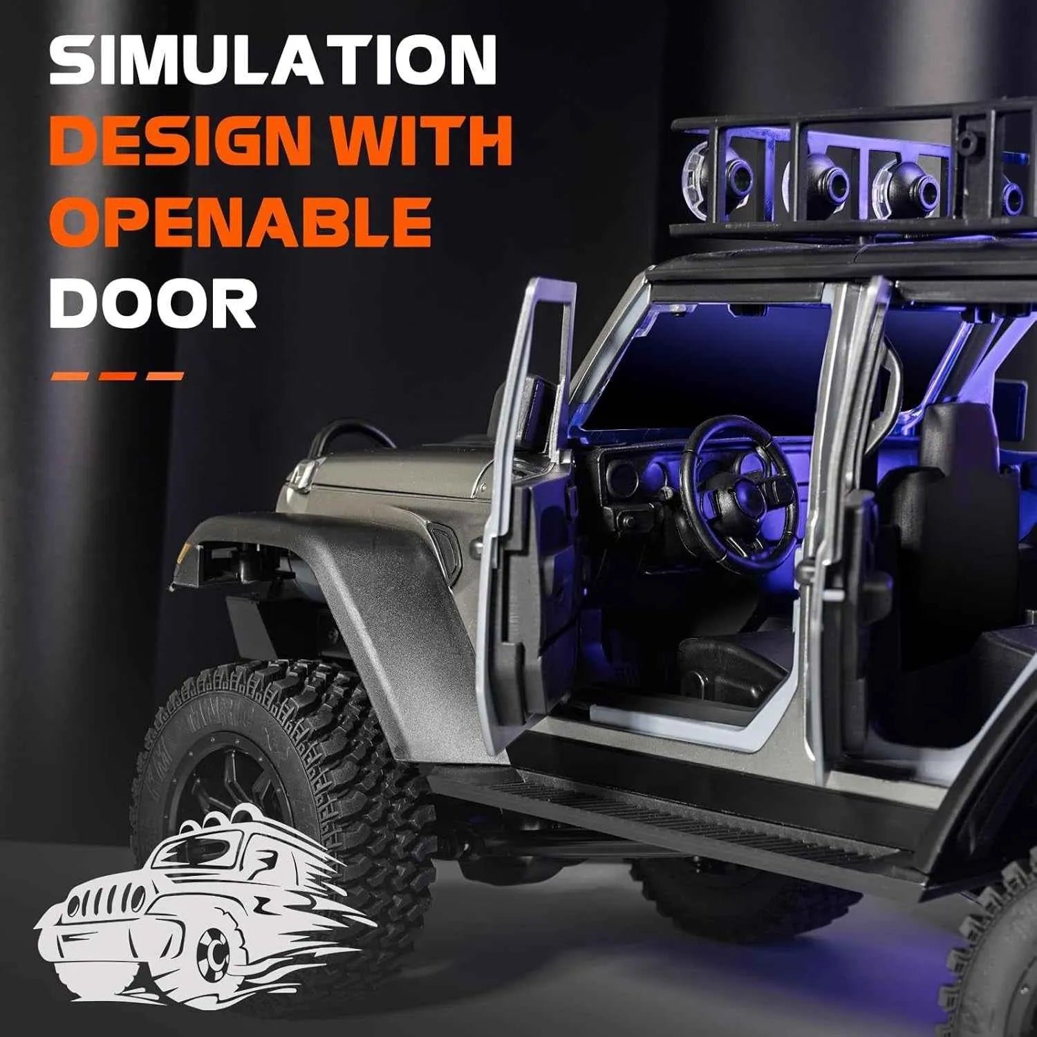 Model crawler with openable door on a dark background, featuring simulation design text.