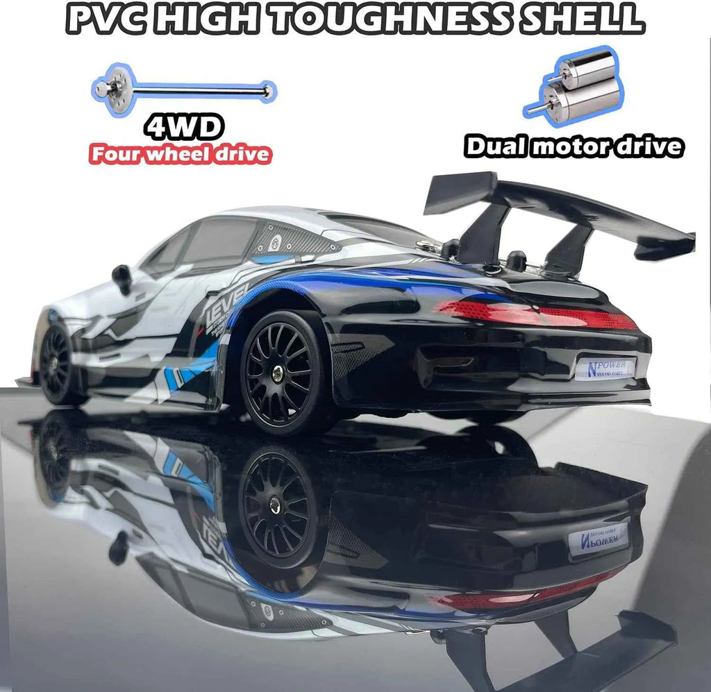 Model drift car with 4WD and dual motor drive features on a reflective surface
