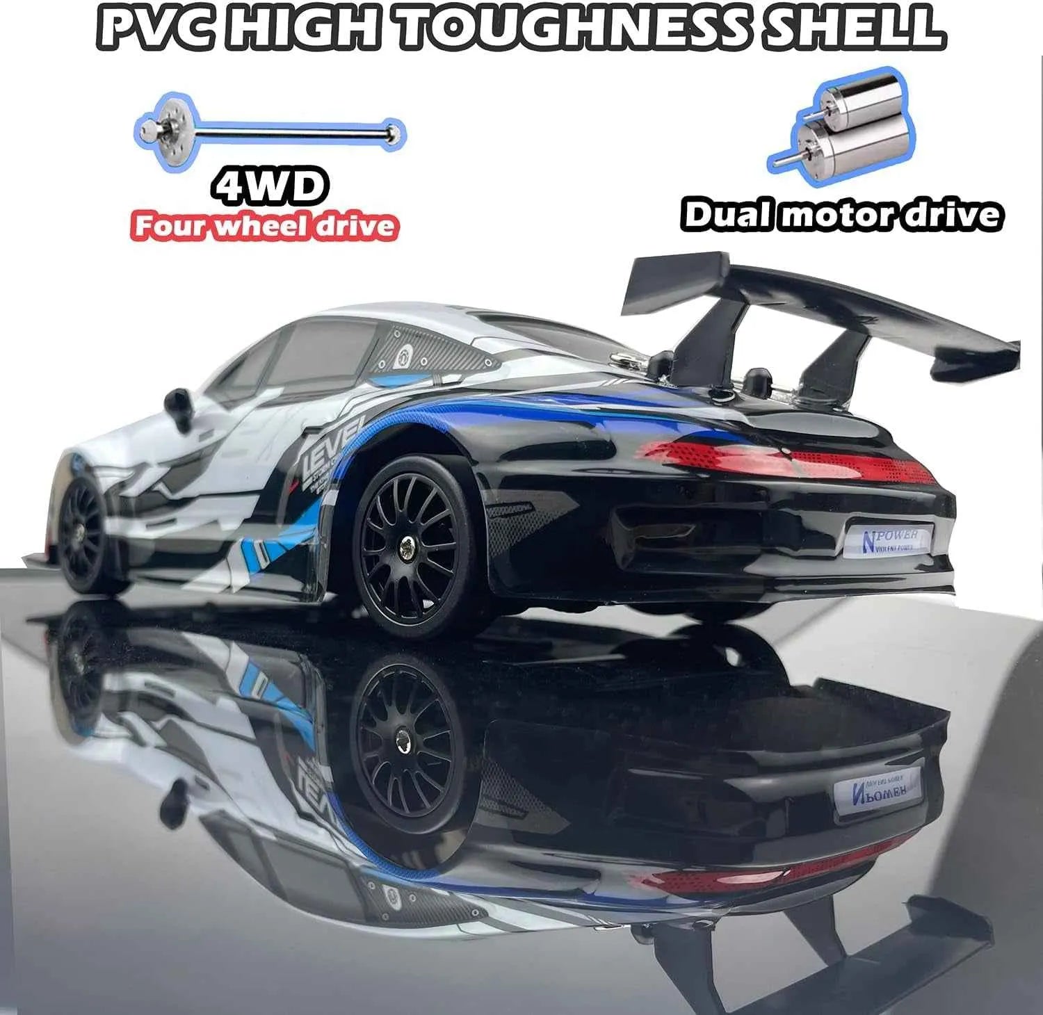 Model drift car with 4WD and dual motor drive features on a reflective surface