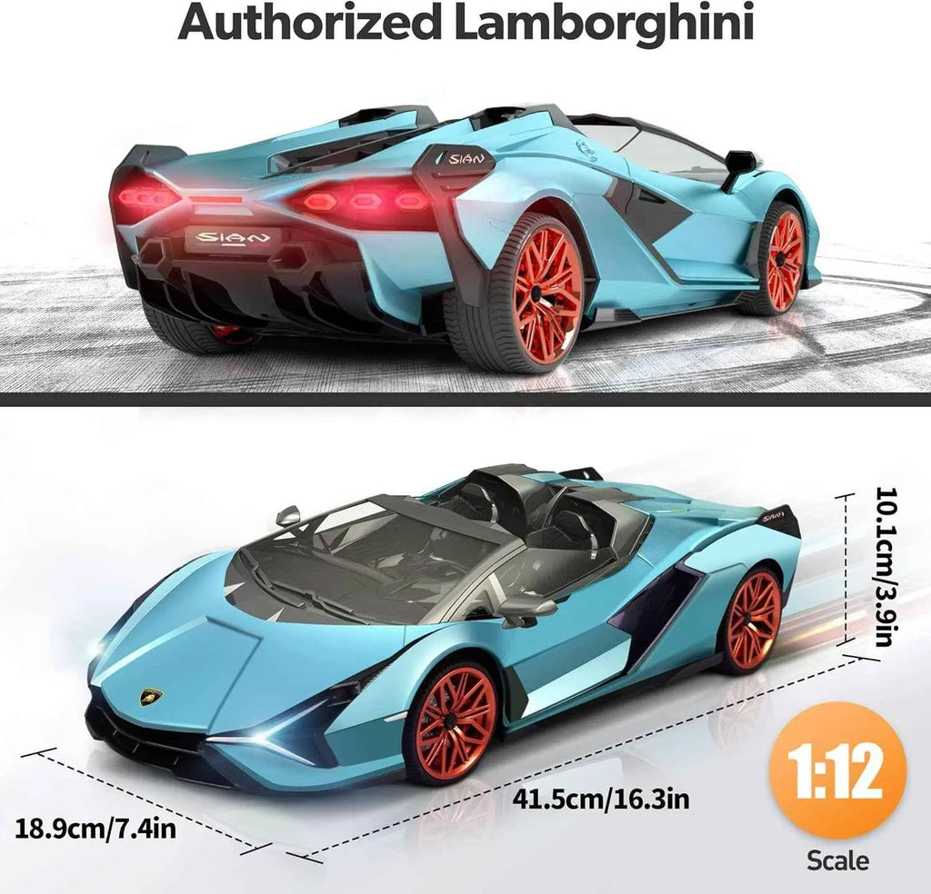 Model Lamborghini Sian car with dimensions and scale information on a white background