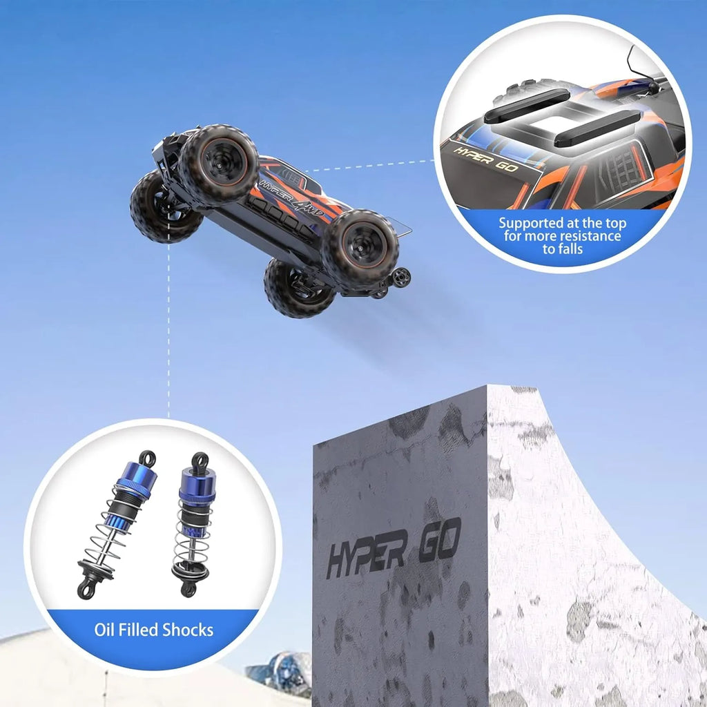 Model monster truck with Hyper Go oil-filled shocks on a blue background