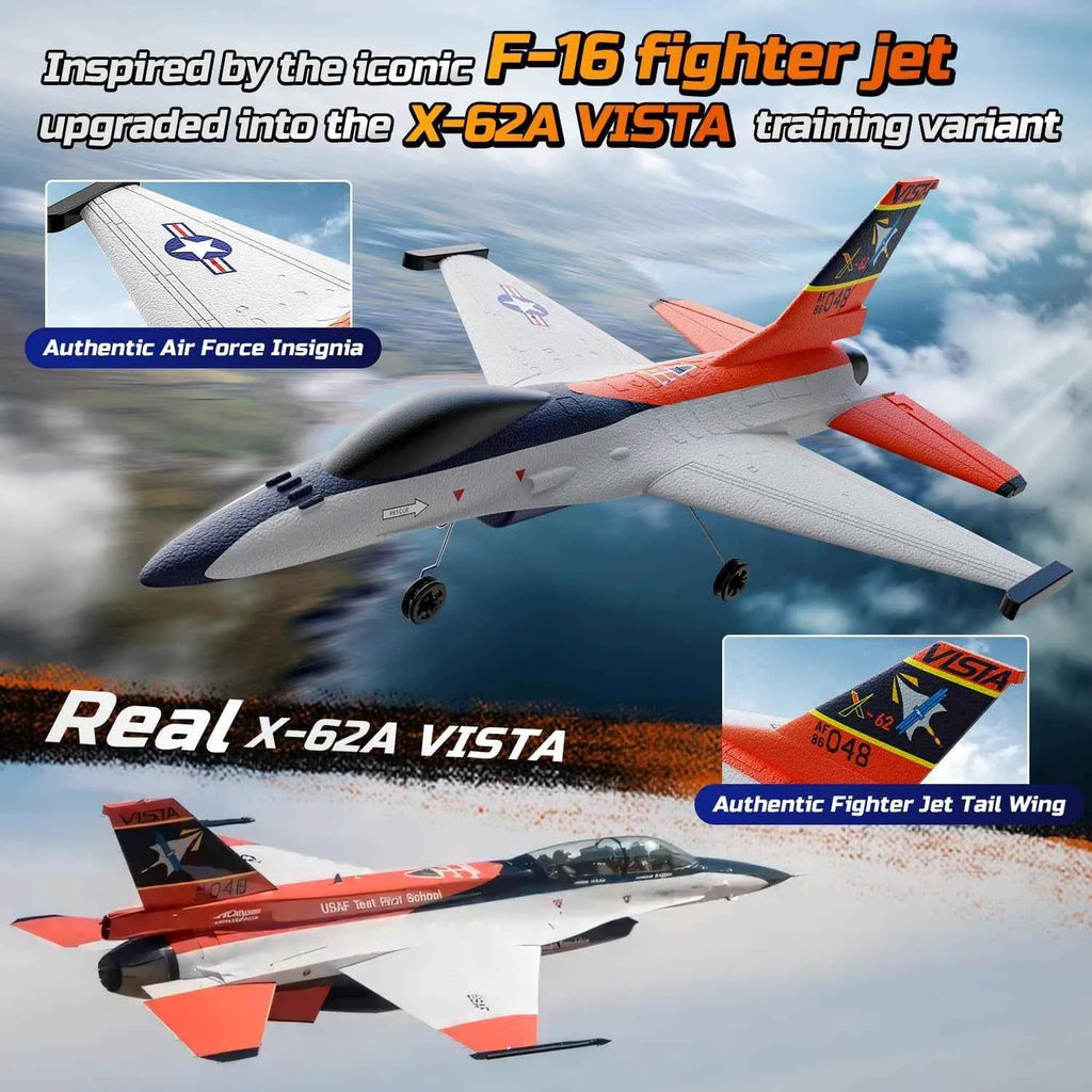 Model of X-62A VISTA training variant inspired by F-16 fighter jet with authentic air force insignia and tail wing.