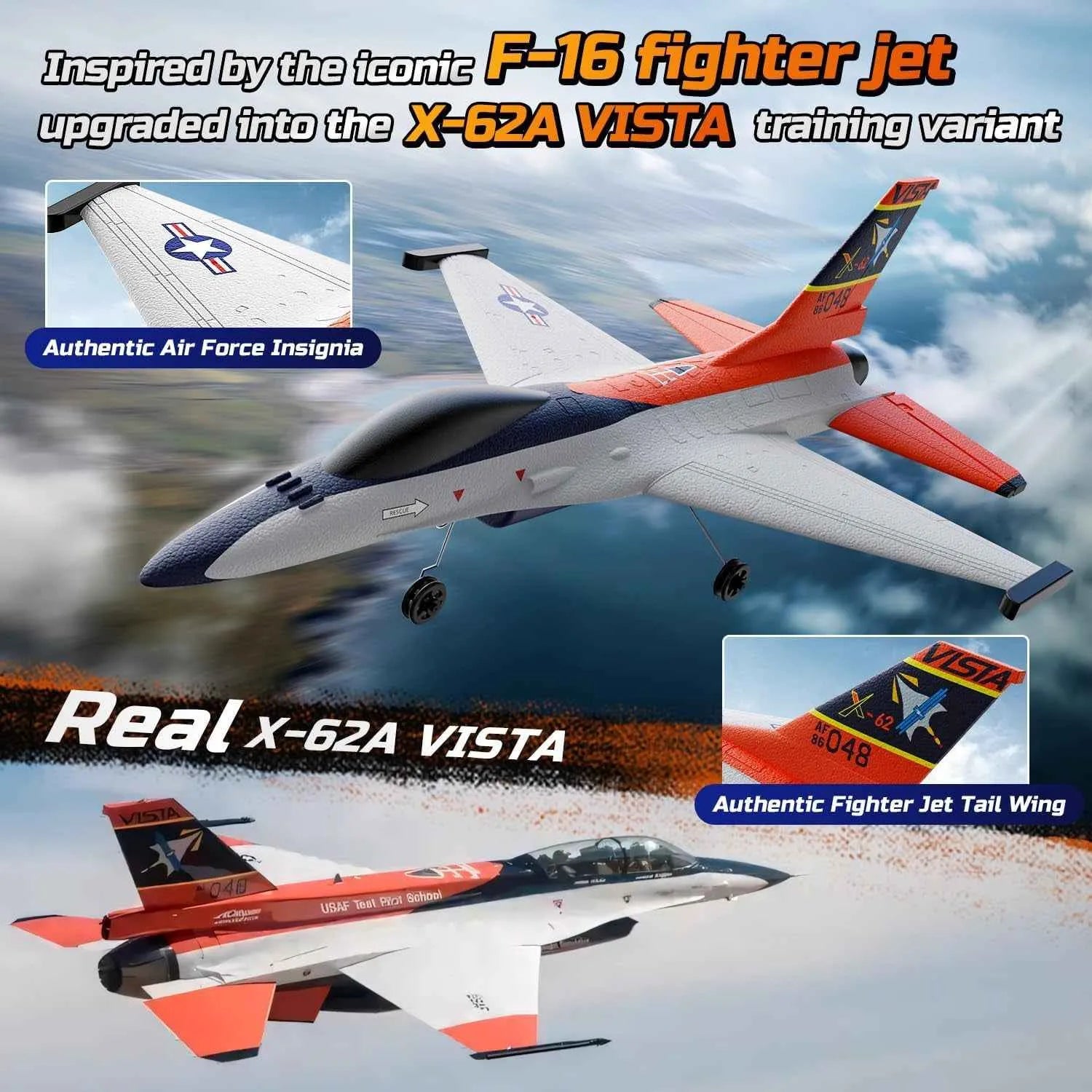 Model of X-62A VISTA training variant inspired by F-16 fighter jet with authentic air force insignia and tail wing.