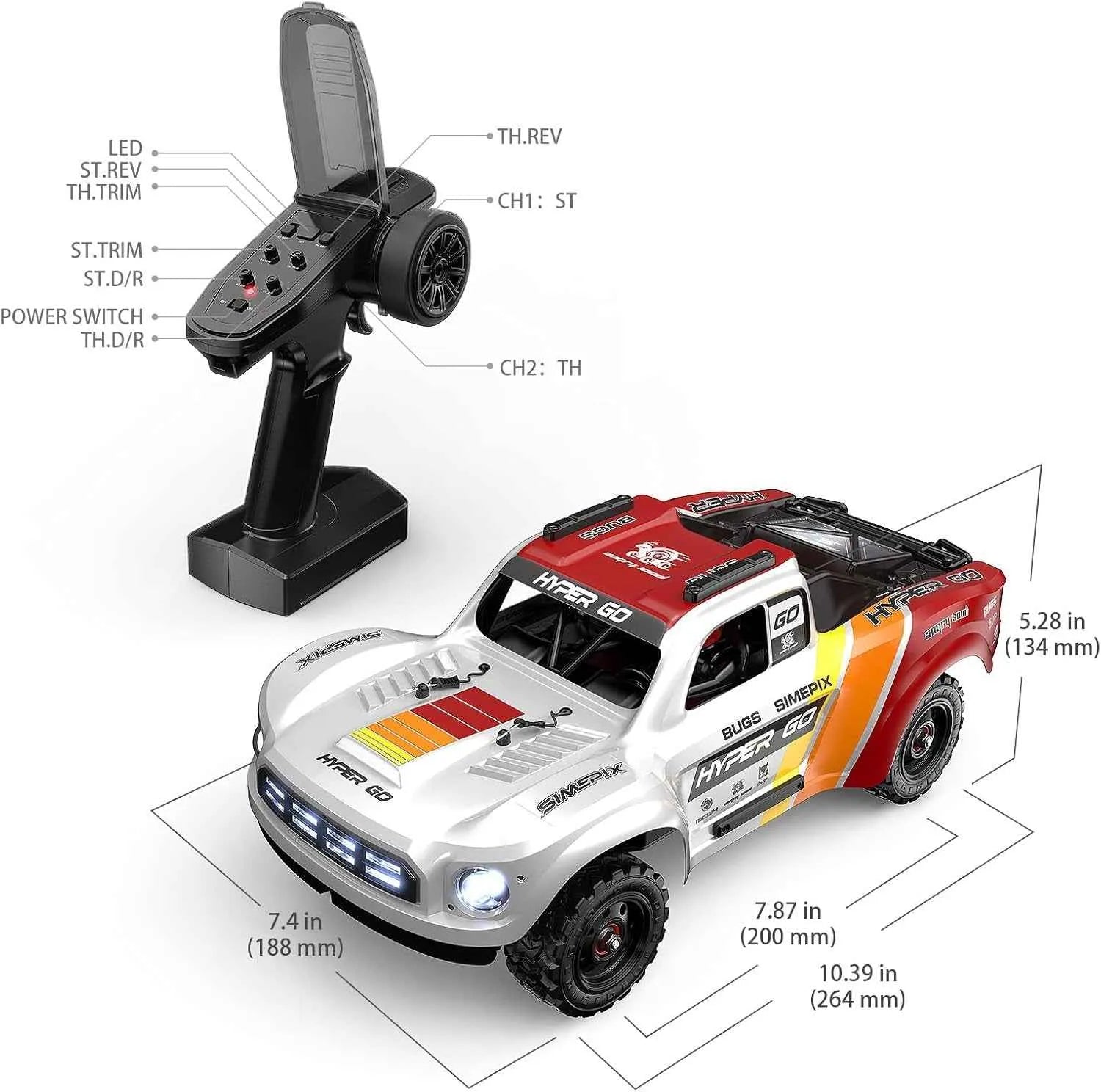 Model of a RC short course truck with detailed features and dimensions on a white background