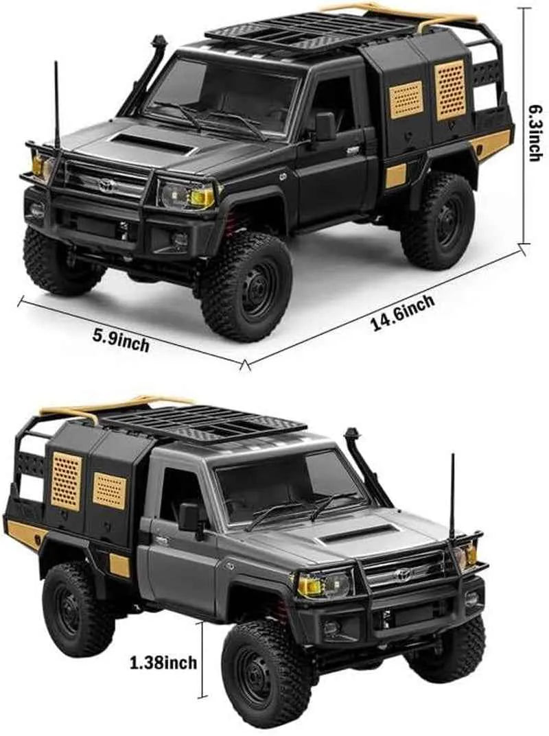 Model of a black and gray RC crawler with dimensions displayed