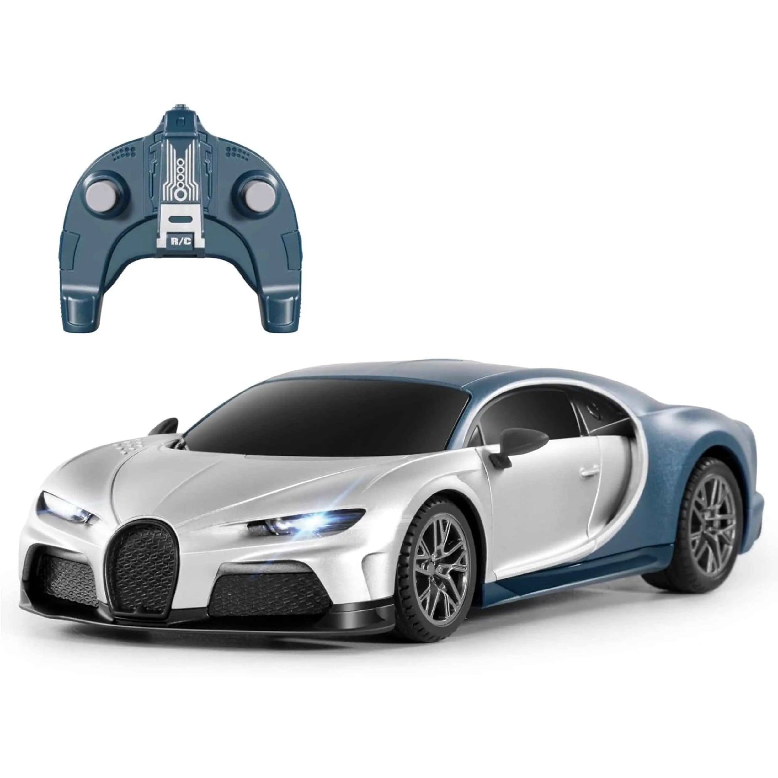 Model of a Bugatti chiron car with a remote control on a white background