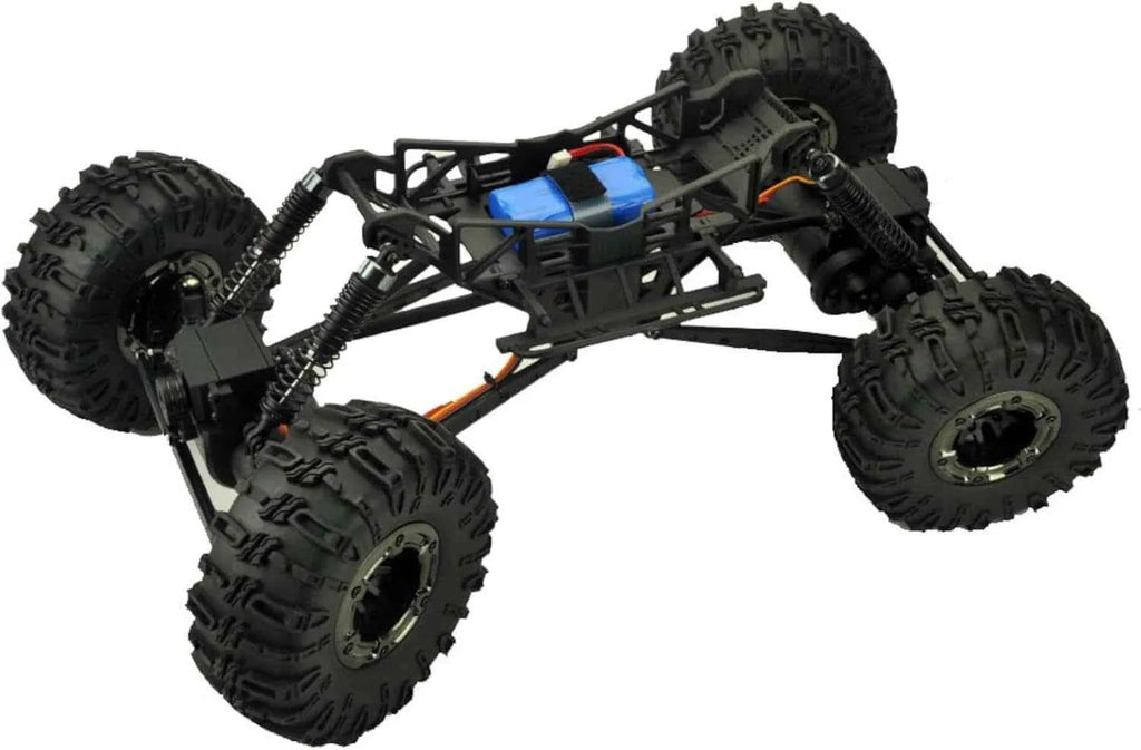 Model of a four-wheeled crawler with large black tires on a white background