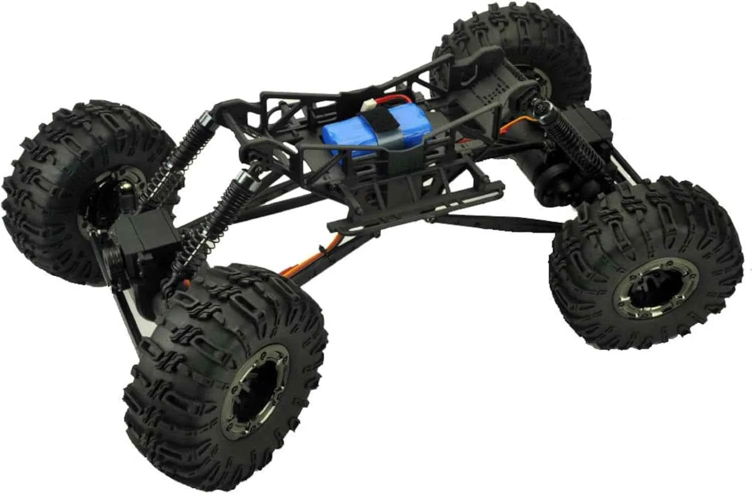 Model of a four-wheeled crawler with large black tires on a white background