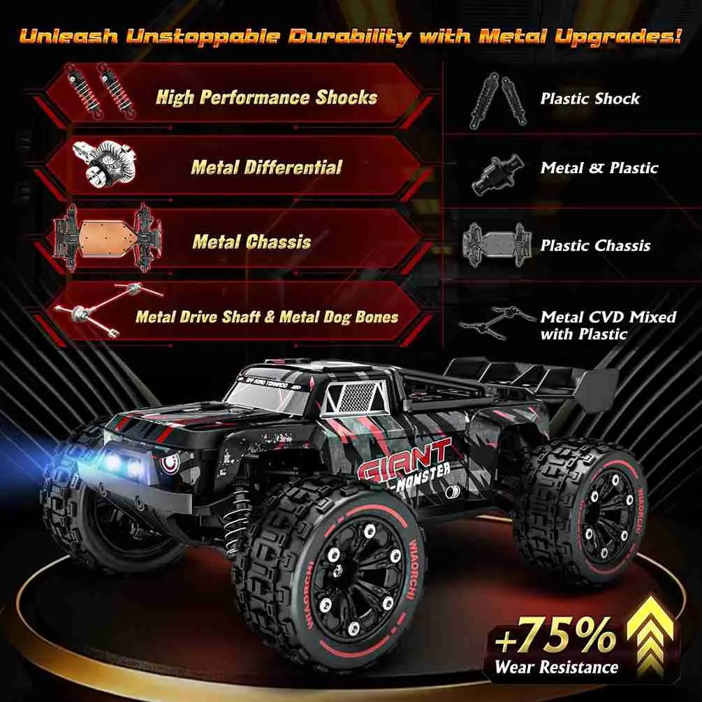 Model of a monster truck with metal upgrades and specifications on a dark background